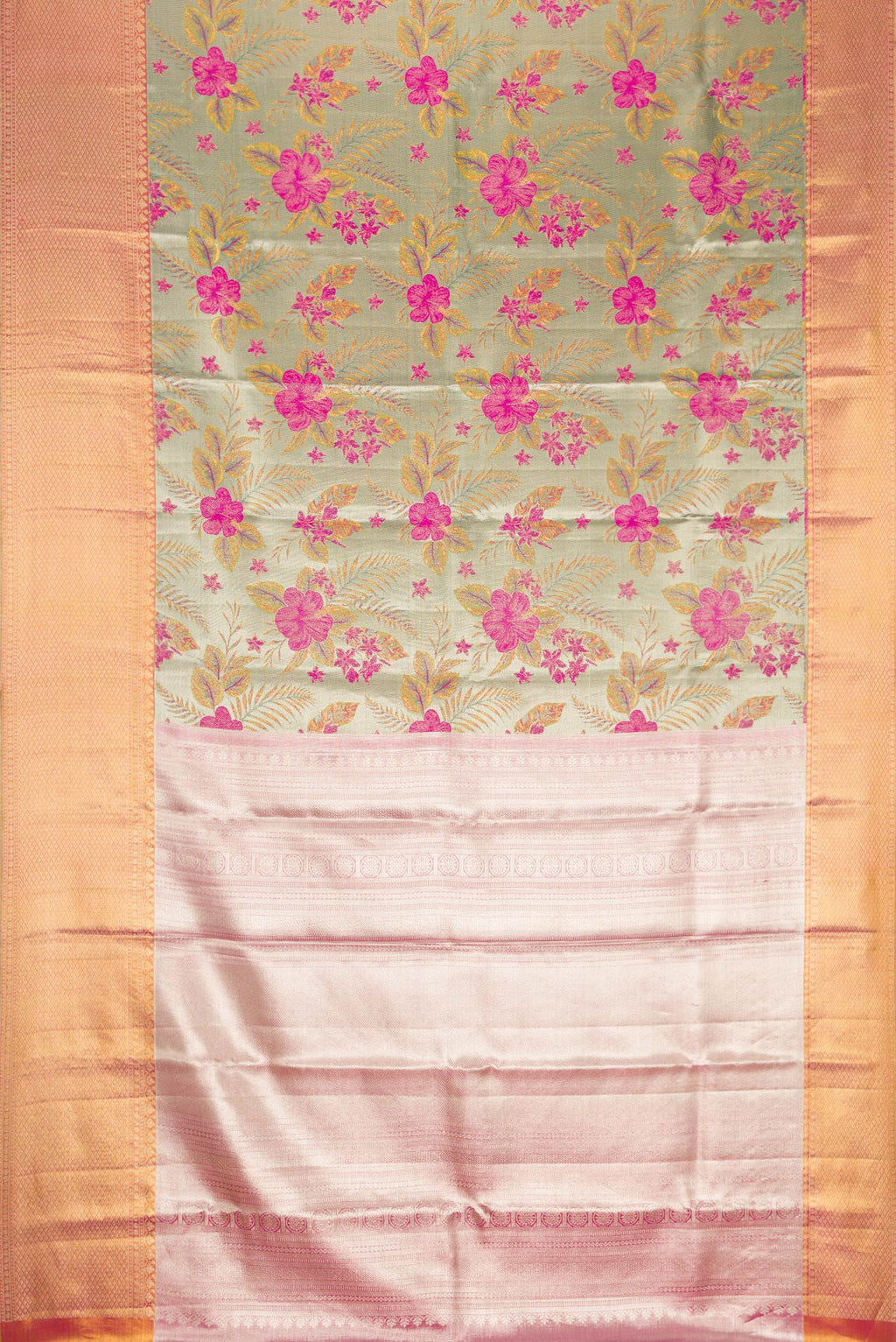 Flat view of Green Dual Tone Kanjivaram Tissue Silk Saree with Zari Brocade on the body and Zari Border. 