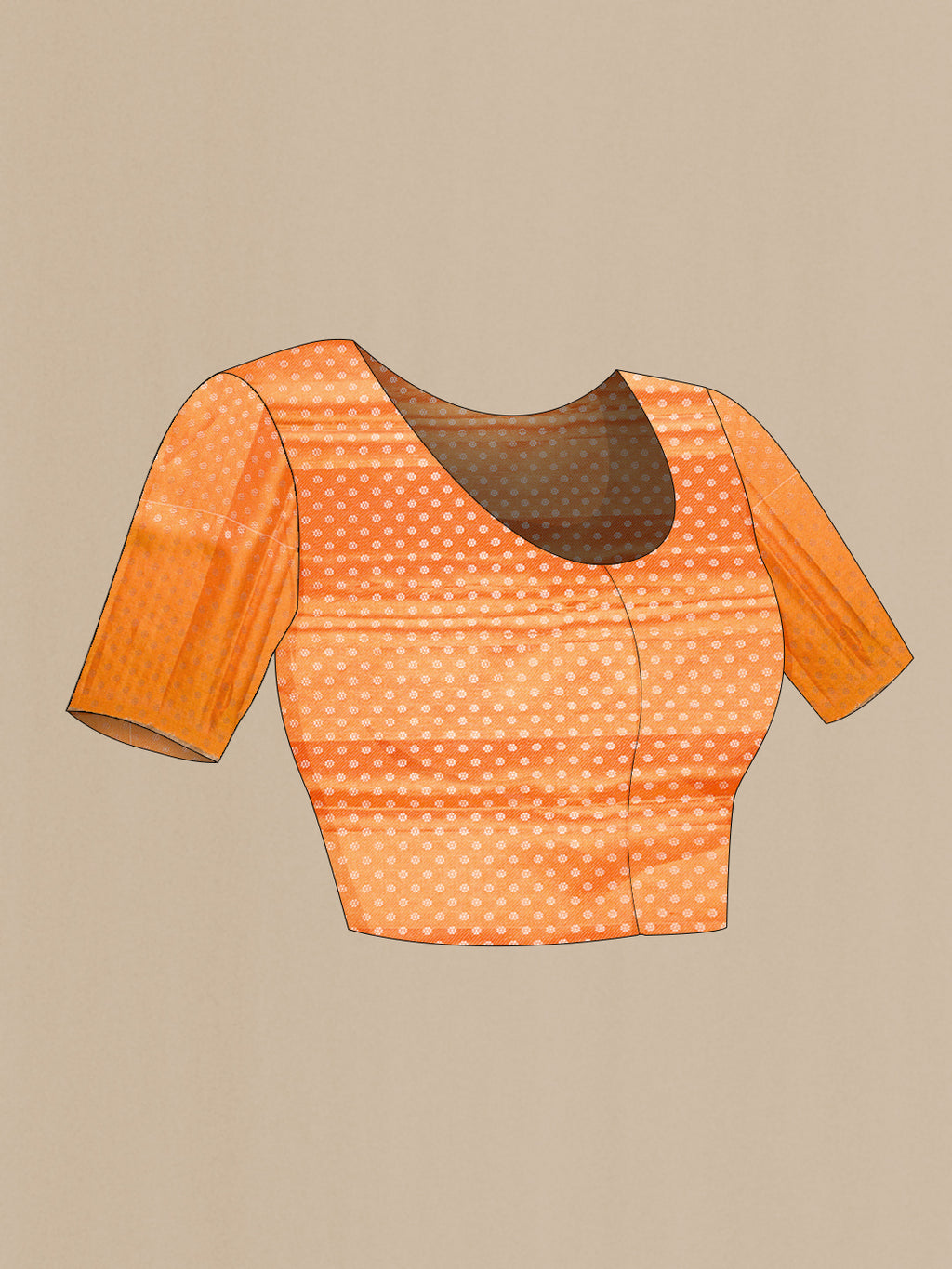 Close up image of the blouse of Orange Dual Tone Kanjivaram Tissue Silk Saree with Zari Brocade on the body and Zari Border. 