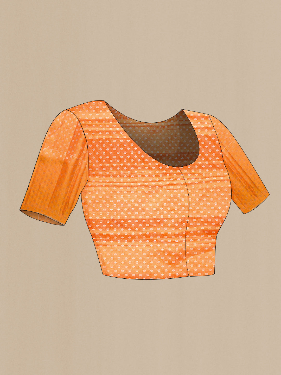 Close up image of the blouse of Orange Dual Tone Kanjivaram Tissue Silk Saree with Zari Brocade on the body and Zari Border. 