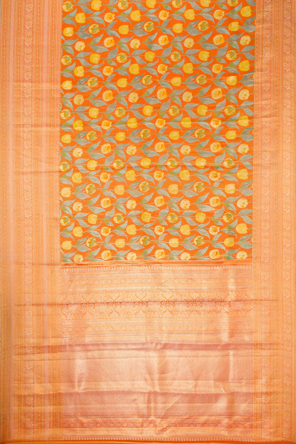 Flat view of Orange Dual Tone Kanjivaram Tissue Silk Saree with Zari Brocade on the body and Zari Border. 