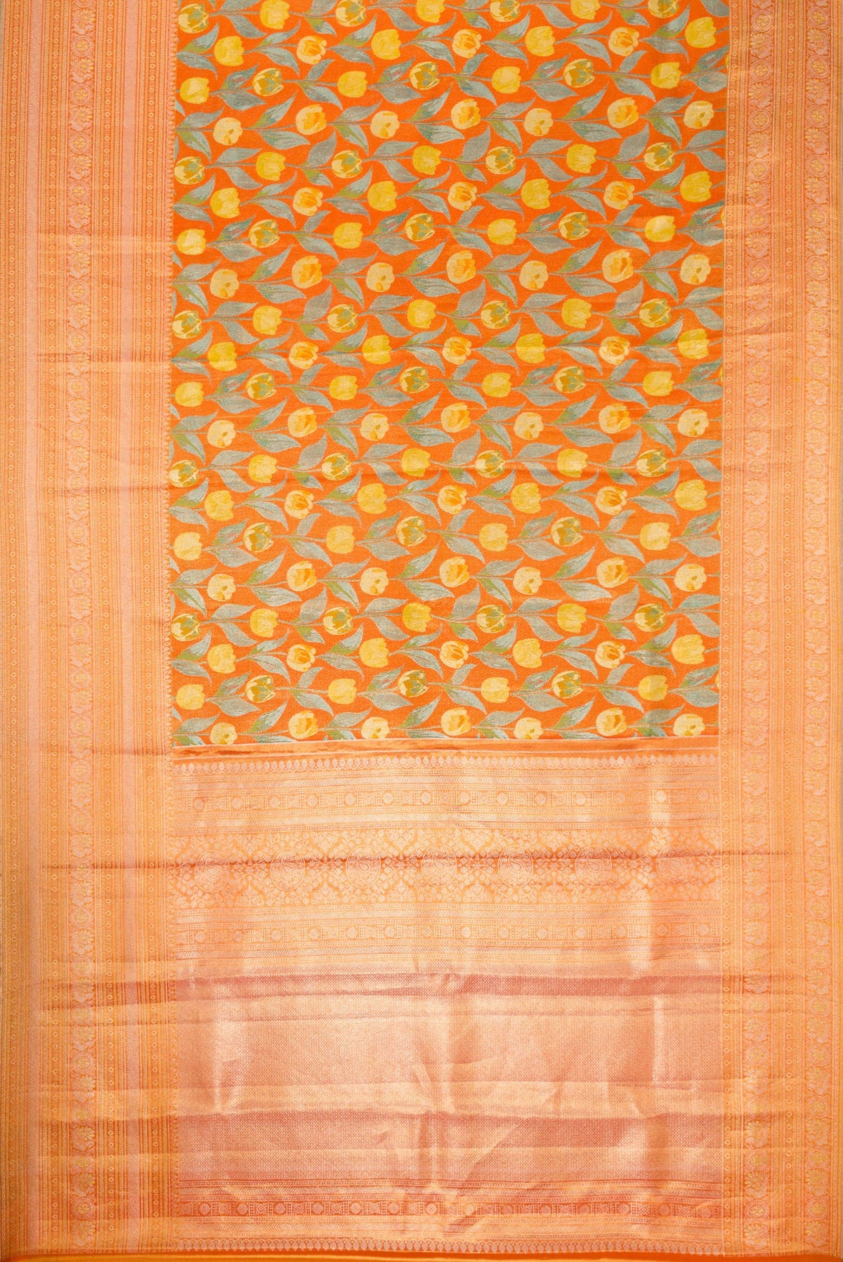 Flat view of Orange Dual Tone Kanjivaram Tissue Silk Saree with Zari Brocade on the body and Zari Border. 