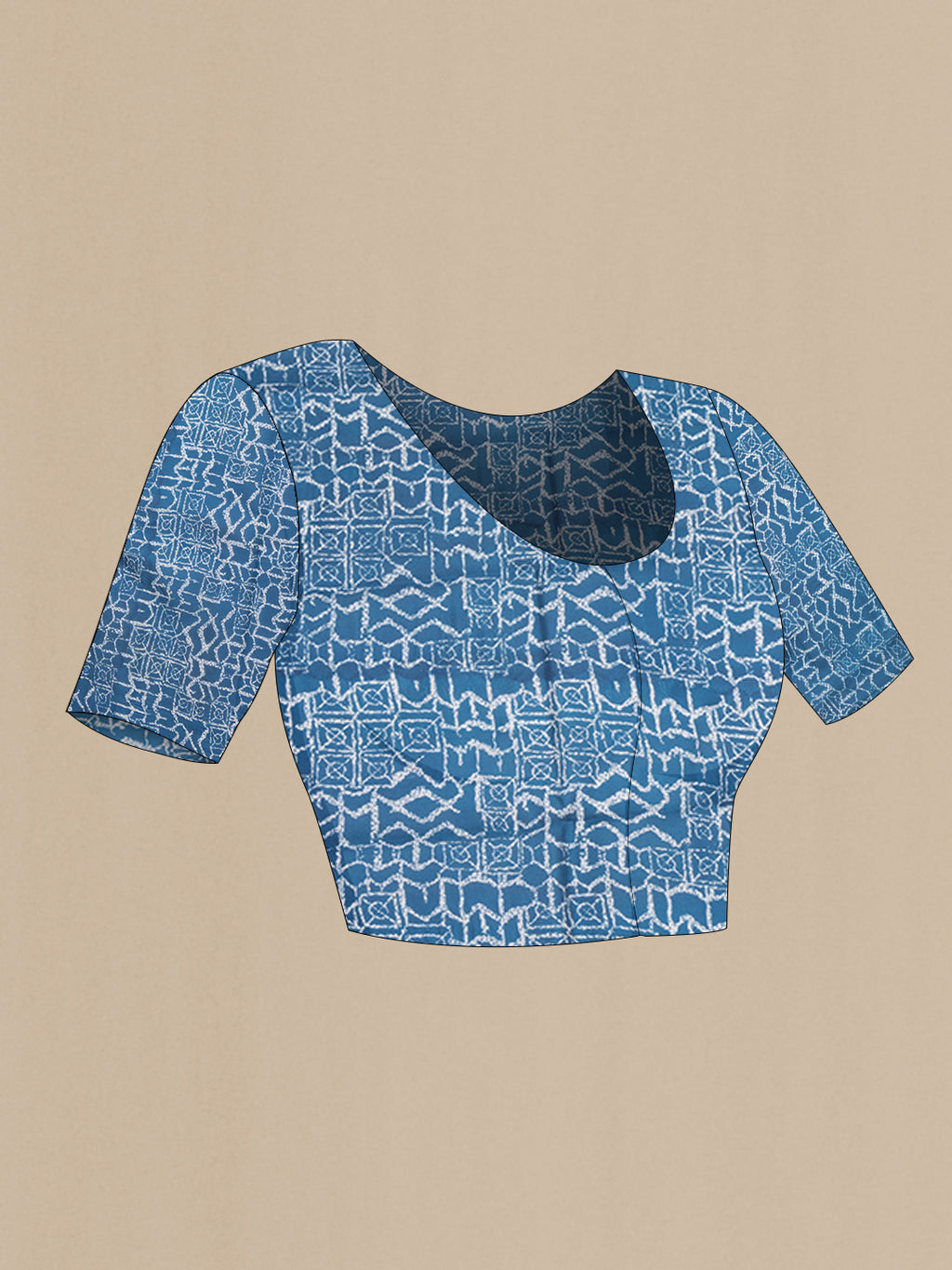 Close up image of the blouse of Peacock Blue Printed Silk Saree with Printed design on the body and Printed Border. 