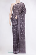 Purple Printed Silk Saree with Printed design on the body and Printed Border.  displayed on a mannequin