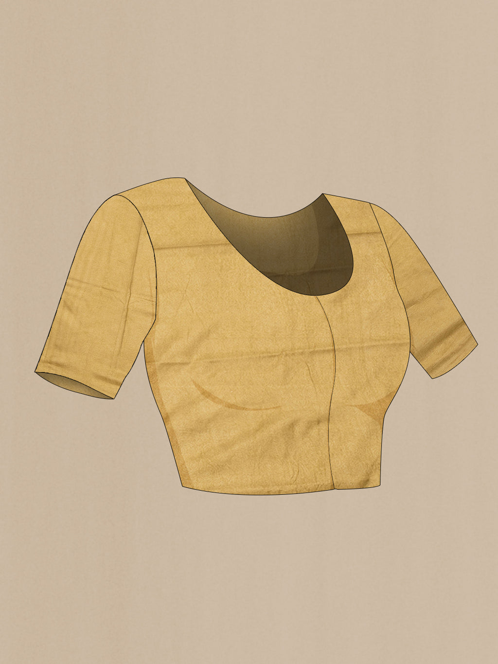 Close up image of the blouse of Gold Printed Silk Saree with Printed design on the body and Printed Border. 