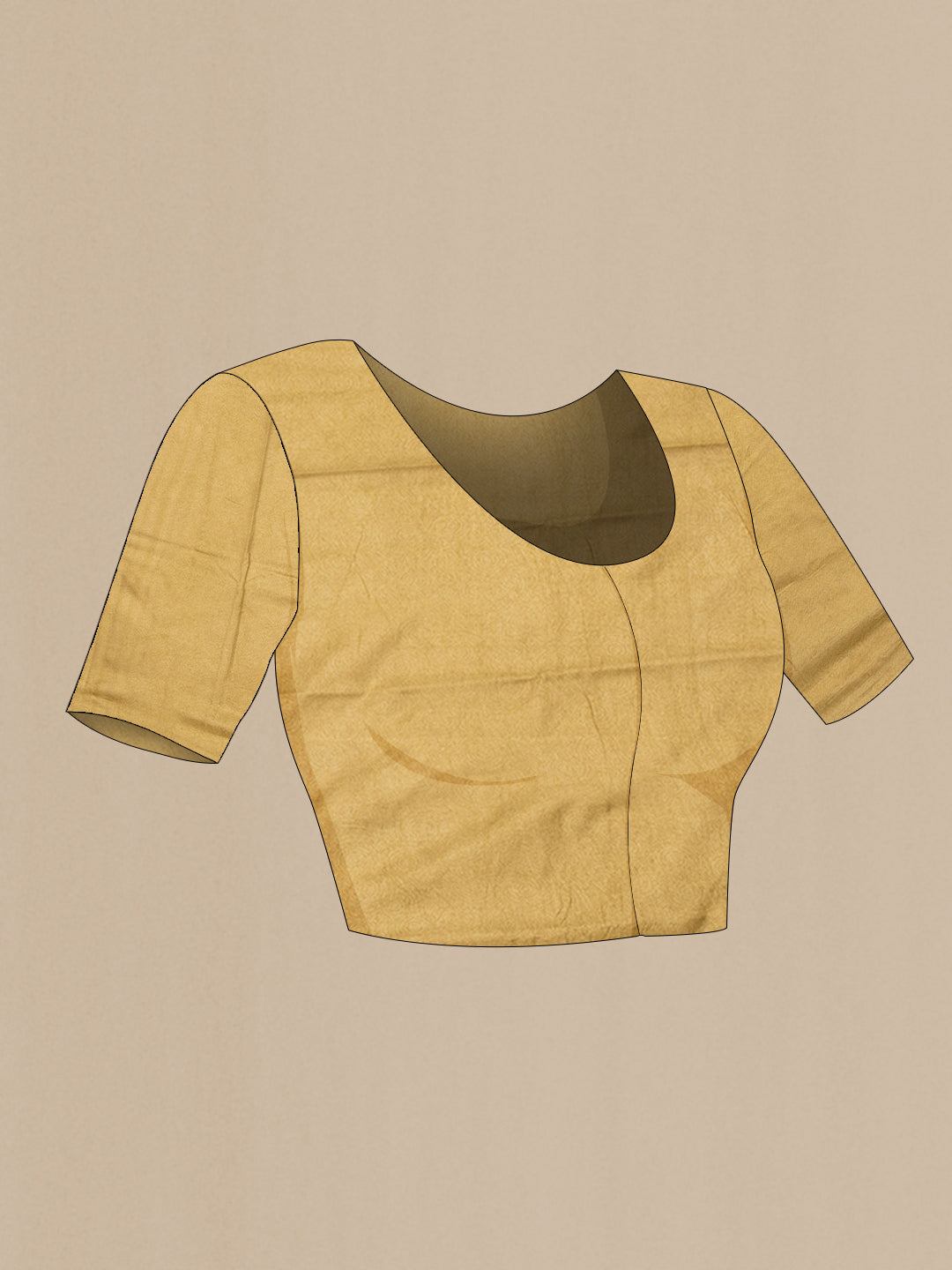 Close up image of the blouse of Gold Printed Silk Saree with Printed design on the body and Printed Border. 