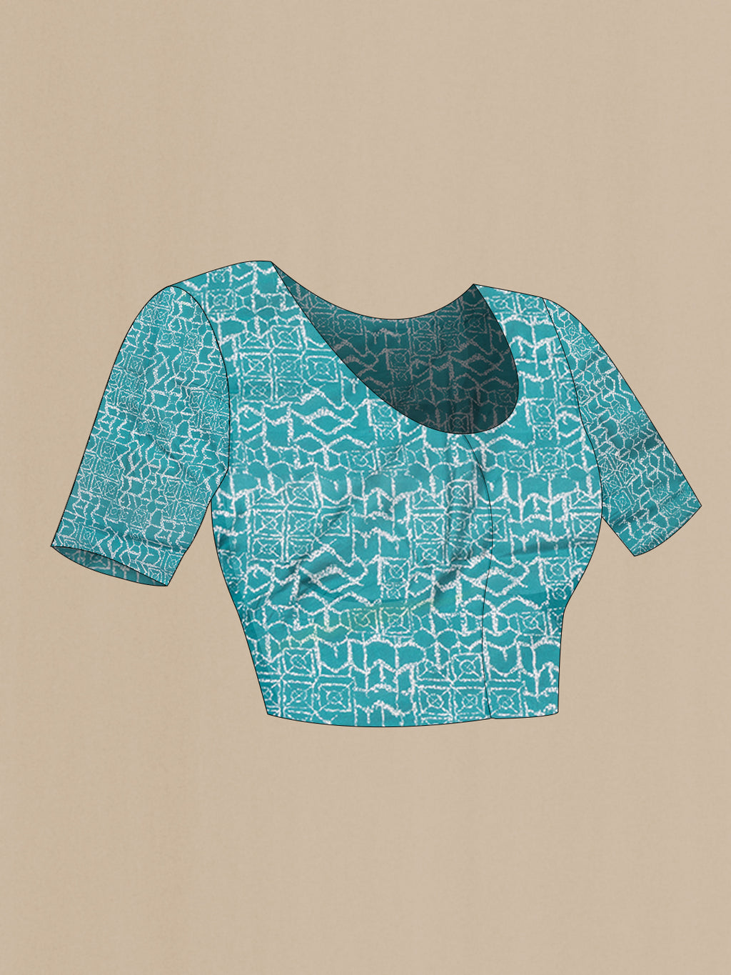 Close up image of the blouse of Peacock Blue Printed Silk Saree with Printed design on the body and Printed Border. 