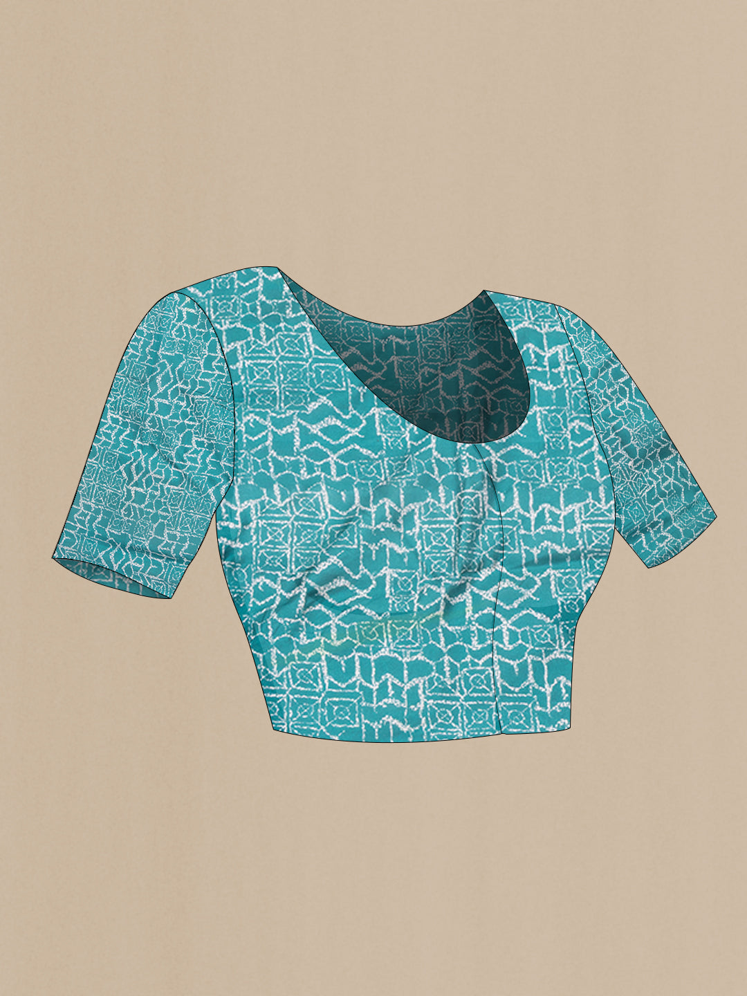 Close up image of the blouse of Peacock Blue Printed Silk Saree with Printed design on the body and Printed Border. 