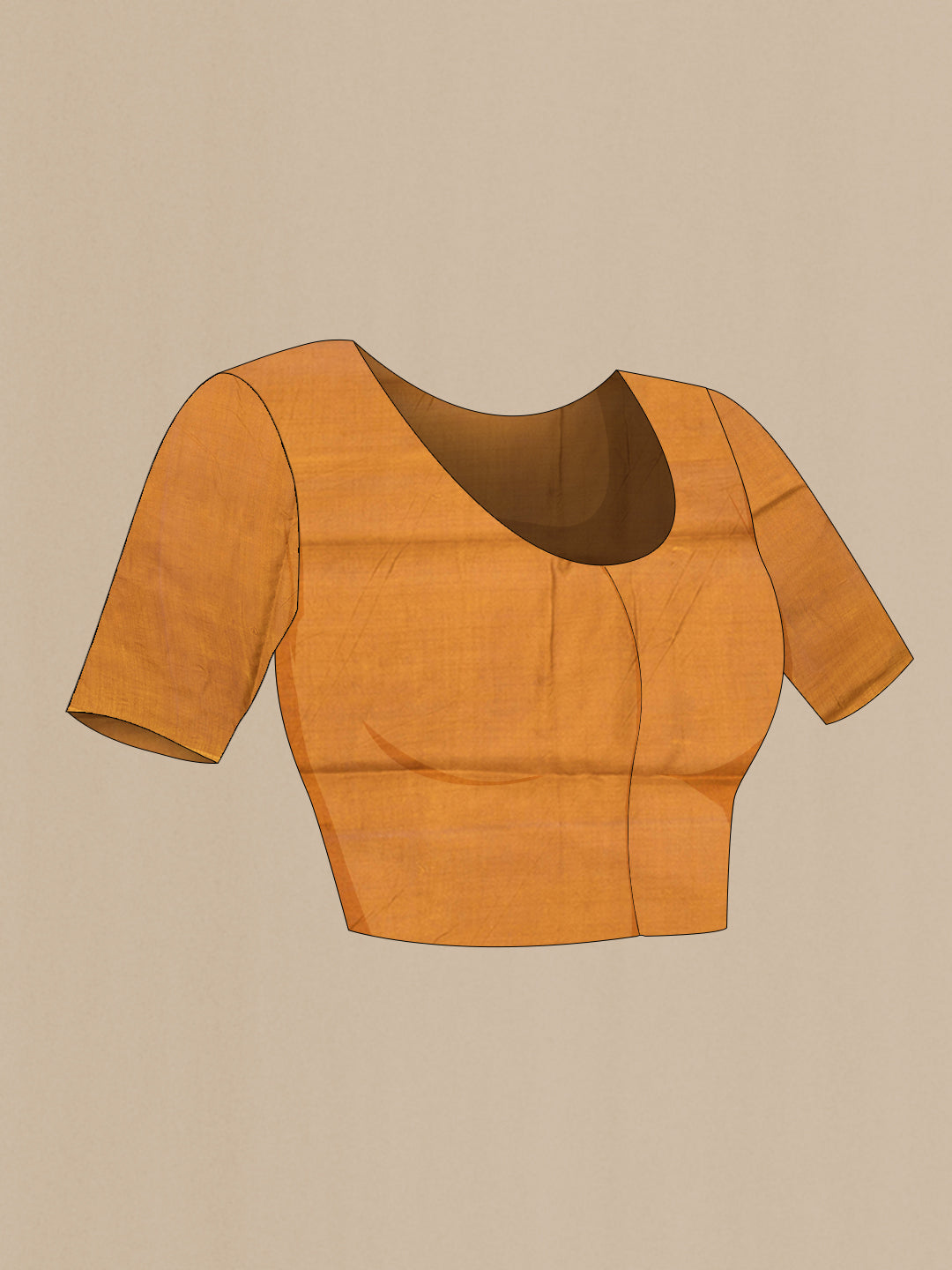 Close up image of the blouse of Mustard Printed Silk Saree with Printed design on the body and Printed Border. 