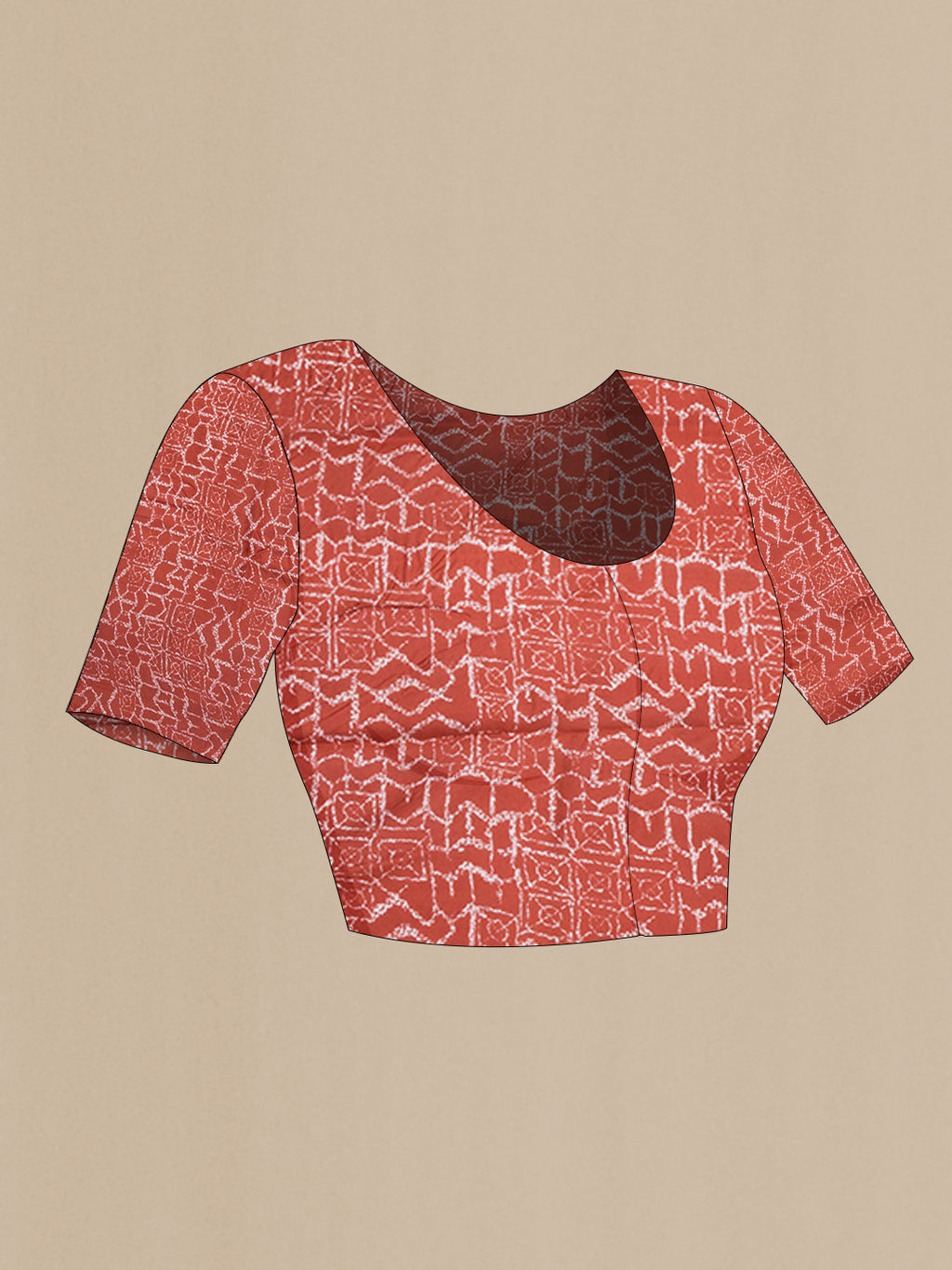 Close up image of the blouse of Rust Printed Silk Saree with Printed design on the body and Printed Border. 