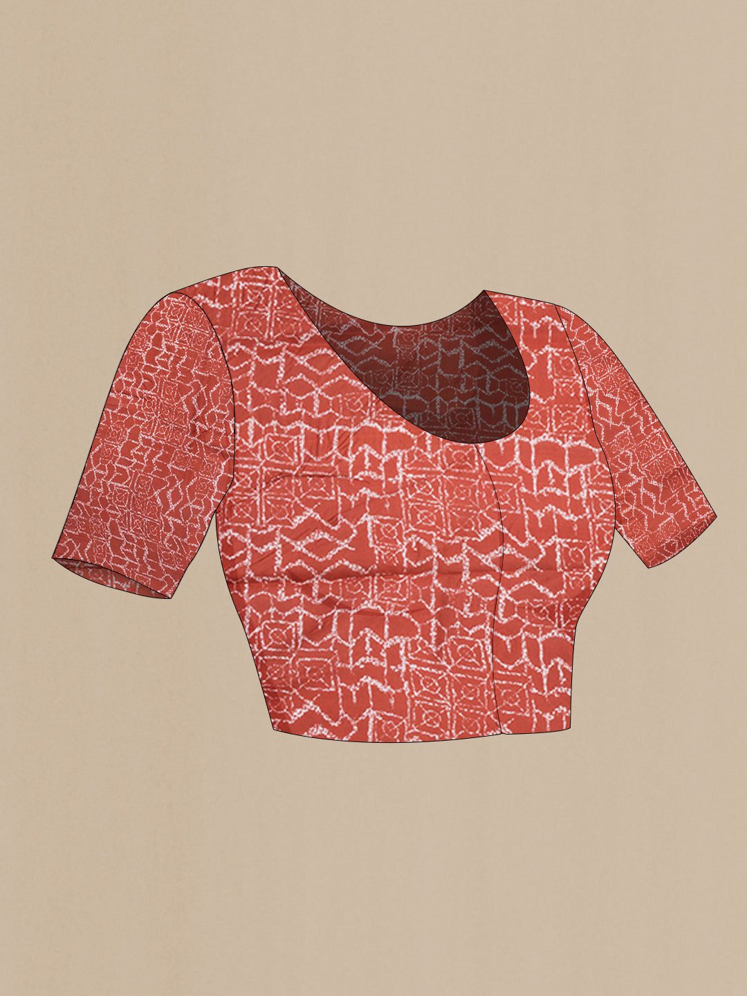 Close up image of the blouse of Rust Printed Silk Saree with Printed design on the body and Printed Border. 