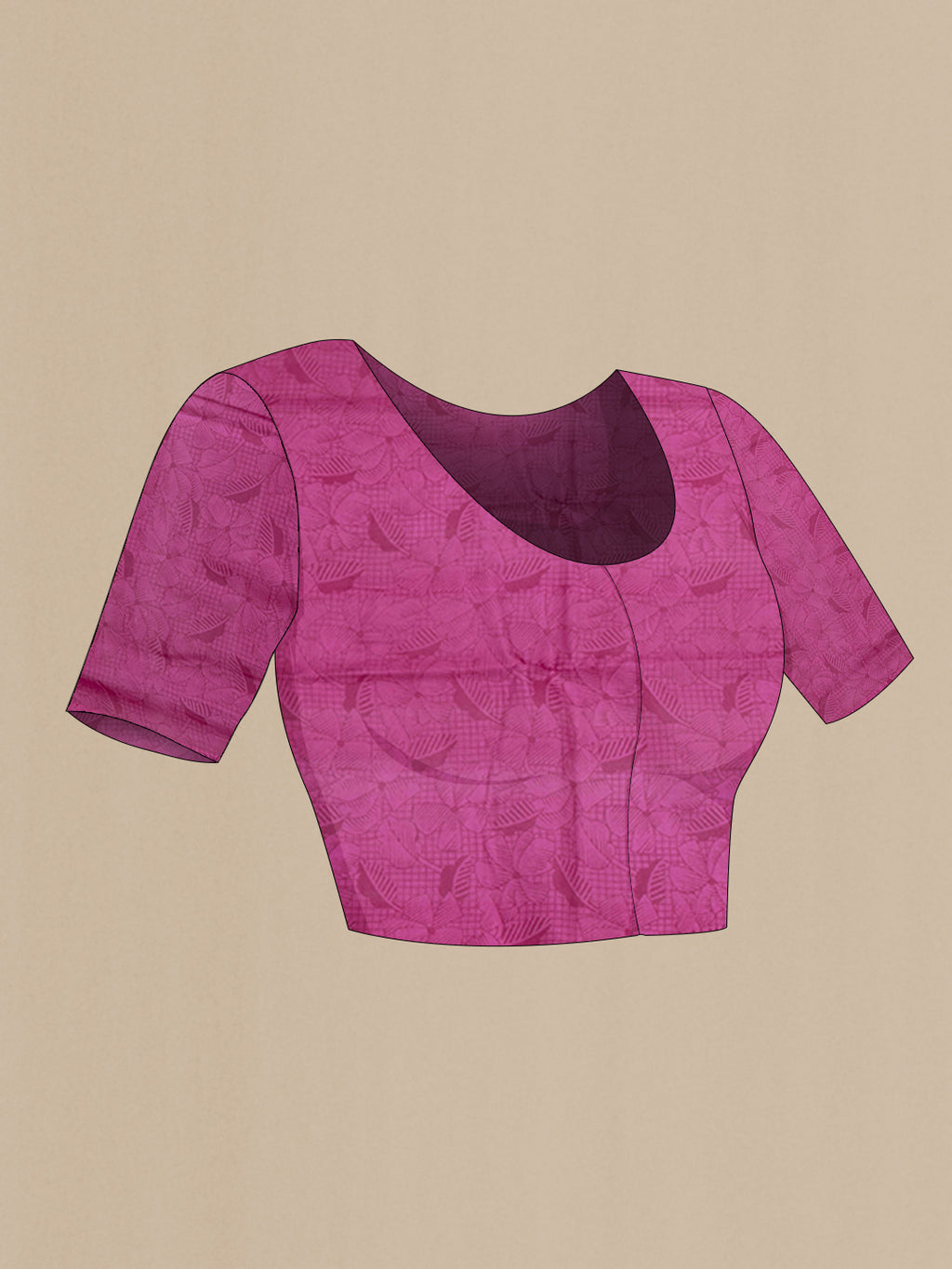 Close up image of the blouse of Magenta Printed Silk Saree with Printed design on the body and Printed Border. 