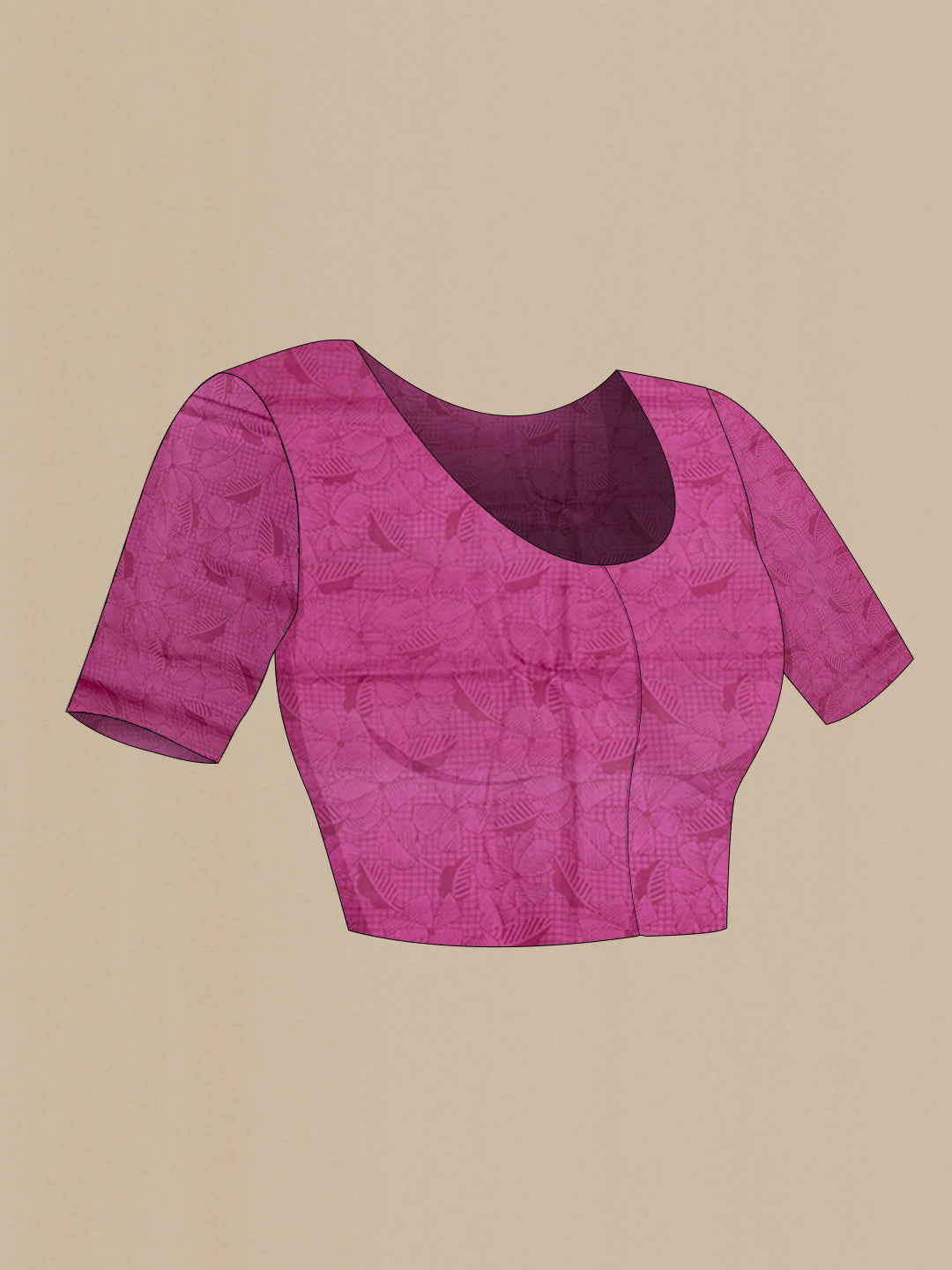 Close up image of the blouse of Magenta Printed Silk Saree with Printed design on the body and Printed Border. 