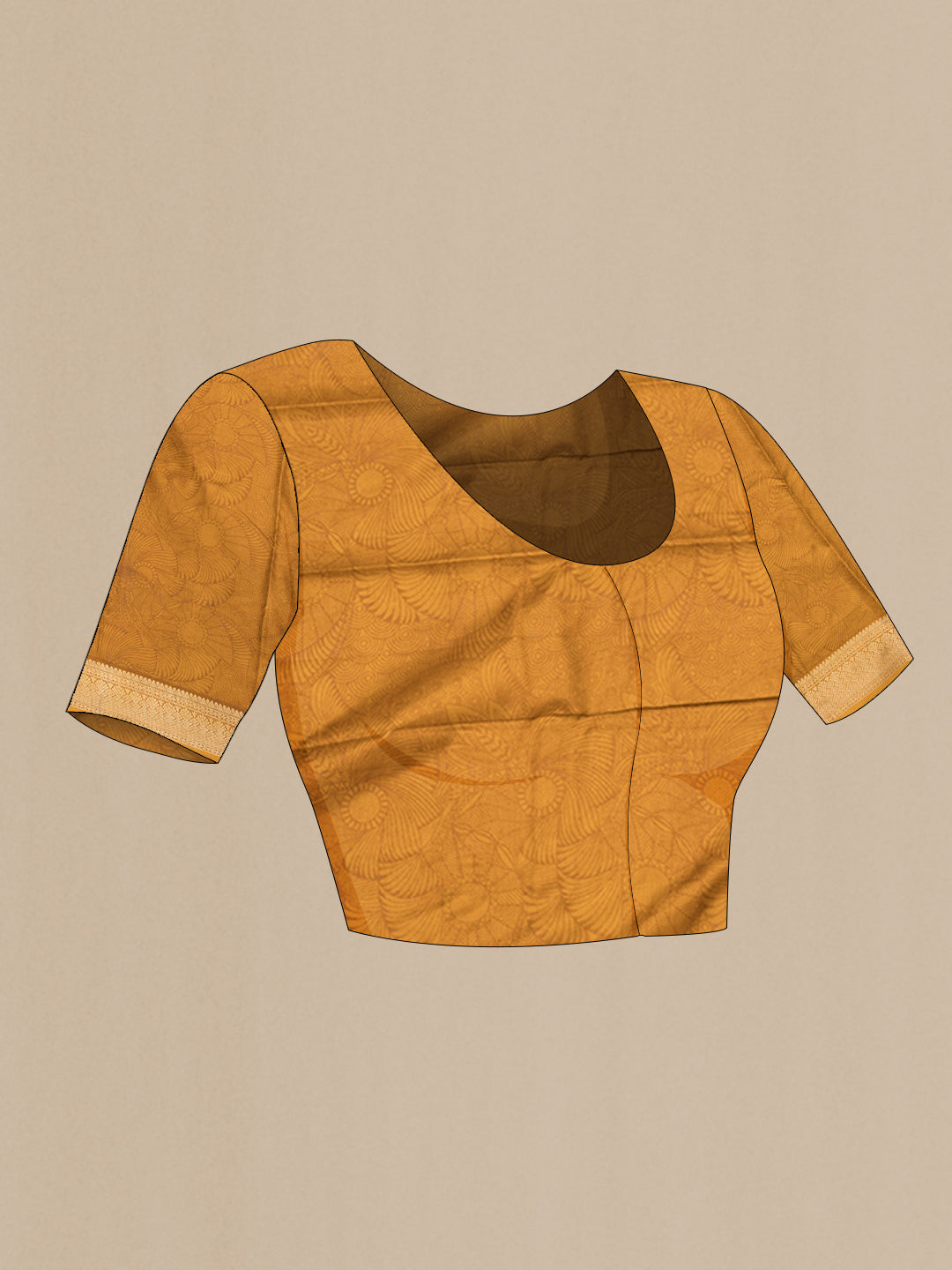 Close up image of the blouse of Beige Printed Silk Saree with Printed design on the body and Thread Border. 