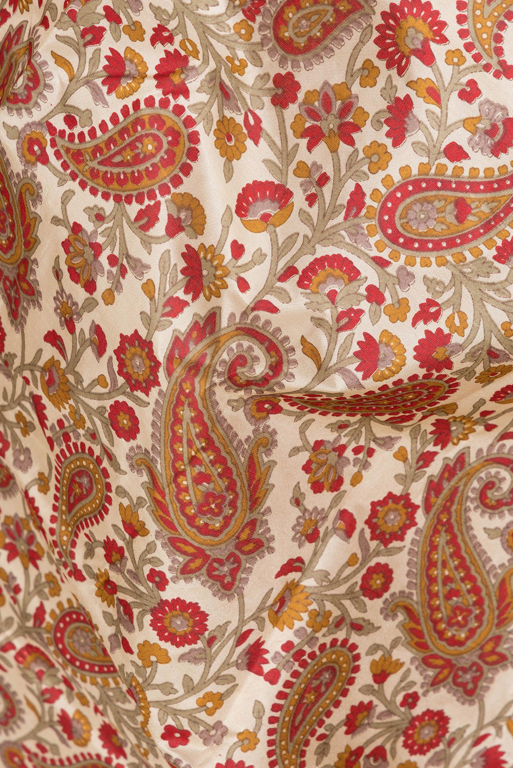 Close up of Beige Printed Silk Saree with Printed design on the body and Thread Border.  displaying folds