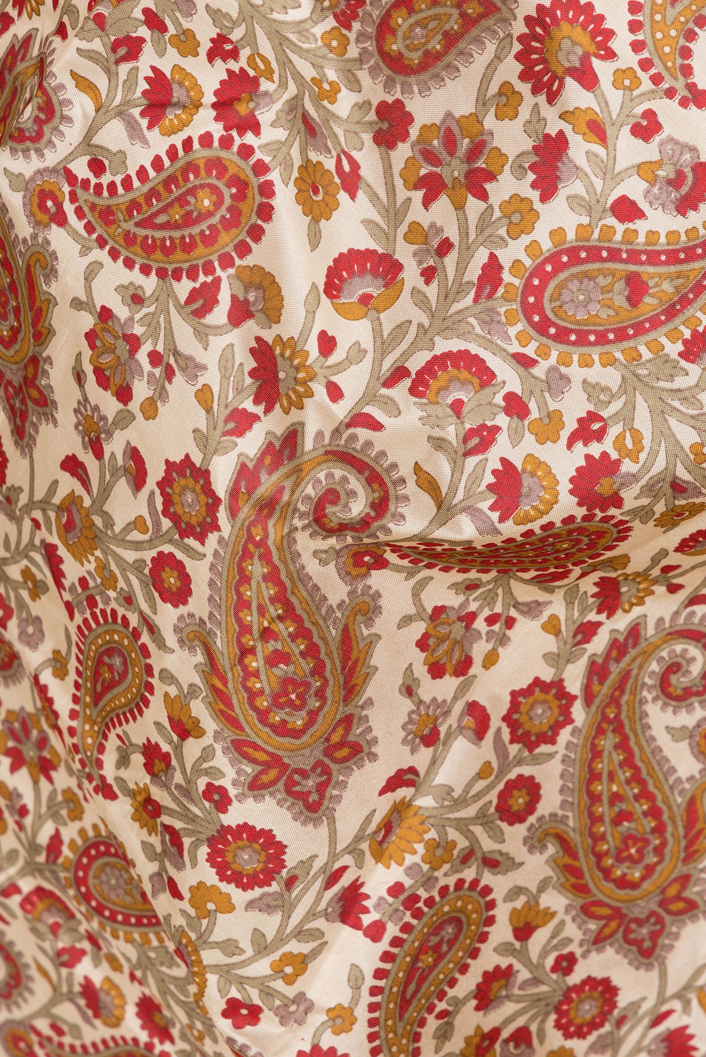 Close up of Beige Printed Silk Saree with Printed design on the body and Thread Border.  displaying folds