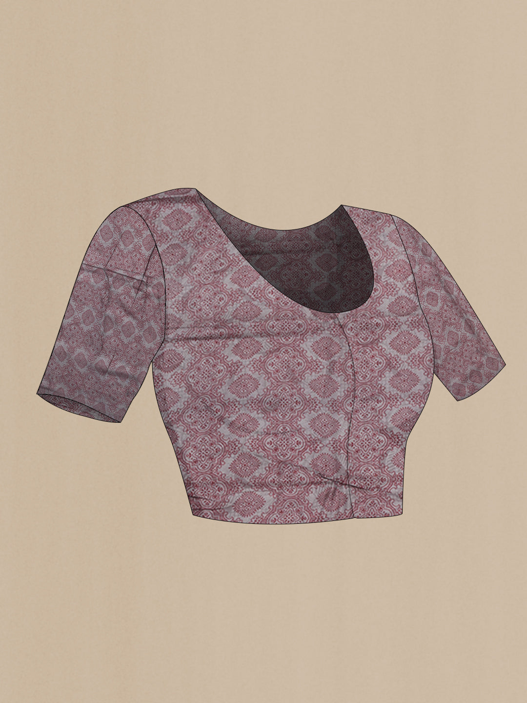 Close up image of the blouse of Brown Printed Silk Saree with Printed design on the body and Printed Border. 