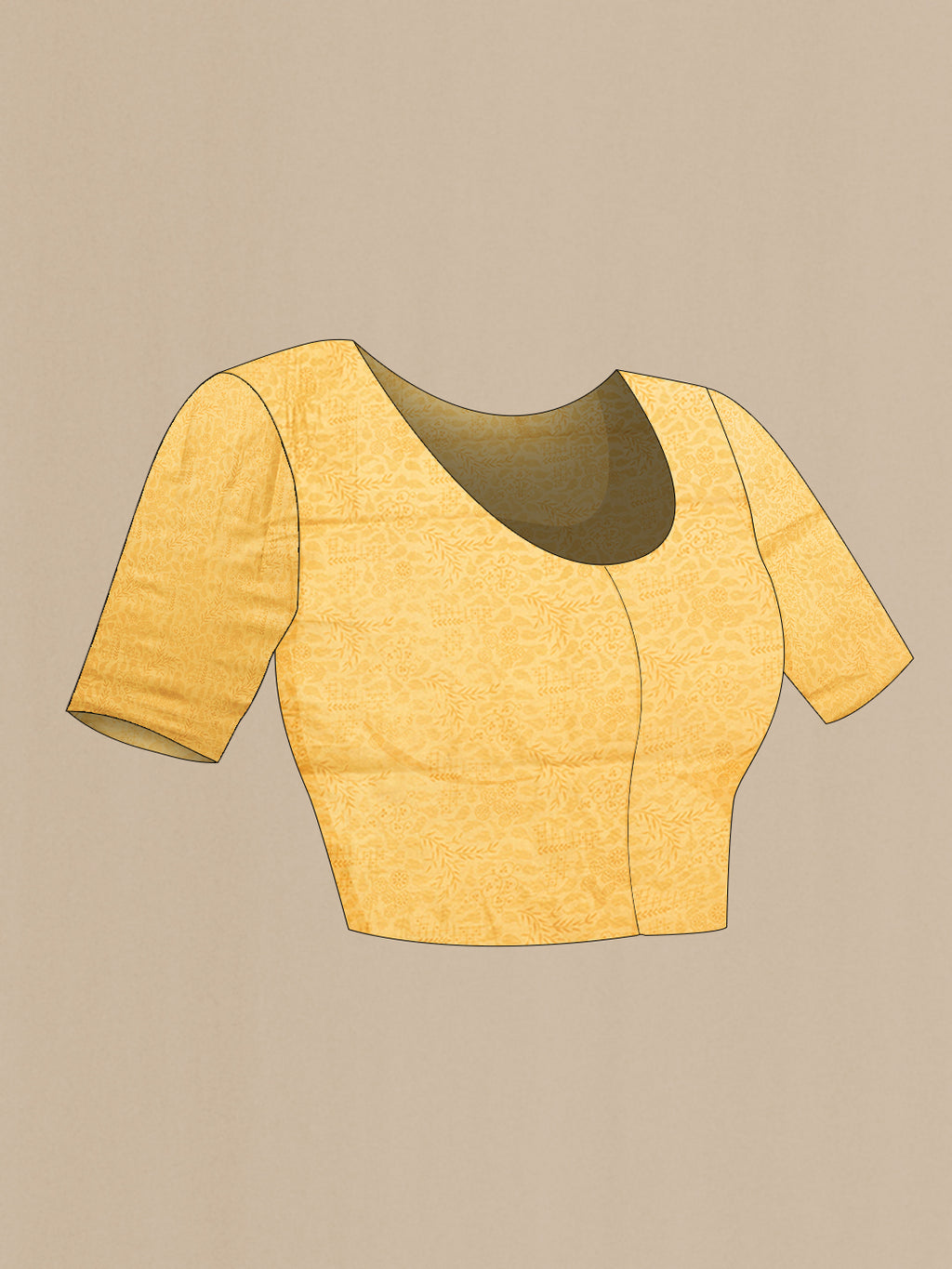 Close up image of the blouse of Yellow Dual Tone Tussar Silk Saree with Printed design on the body and Without Border. 