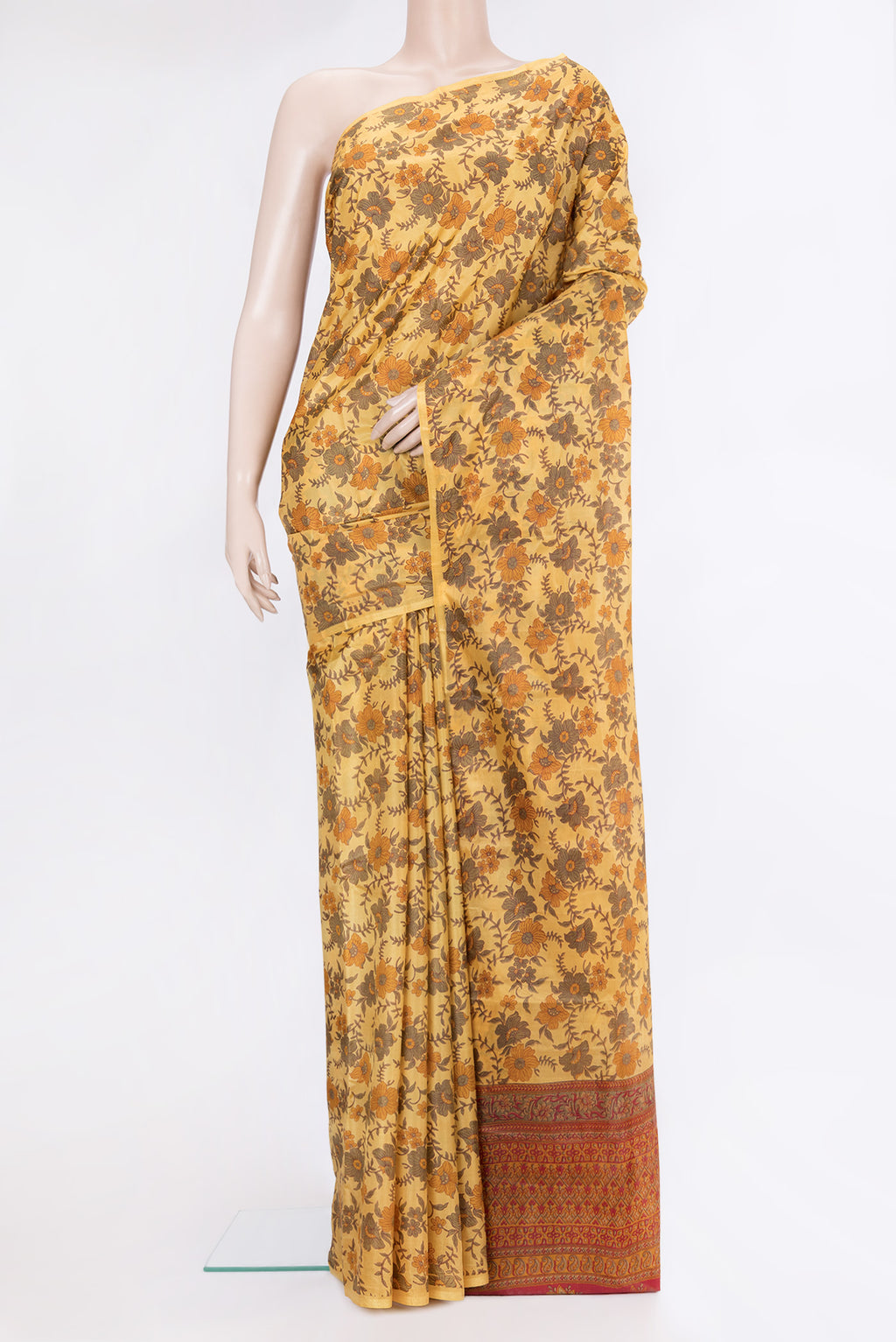 Yellow Dual Tone Tussar Silk Saree with Printed design on the body and Without Border.  displayed on a mannequin