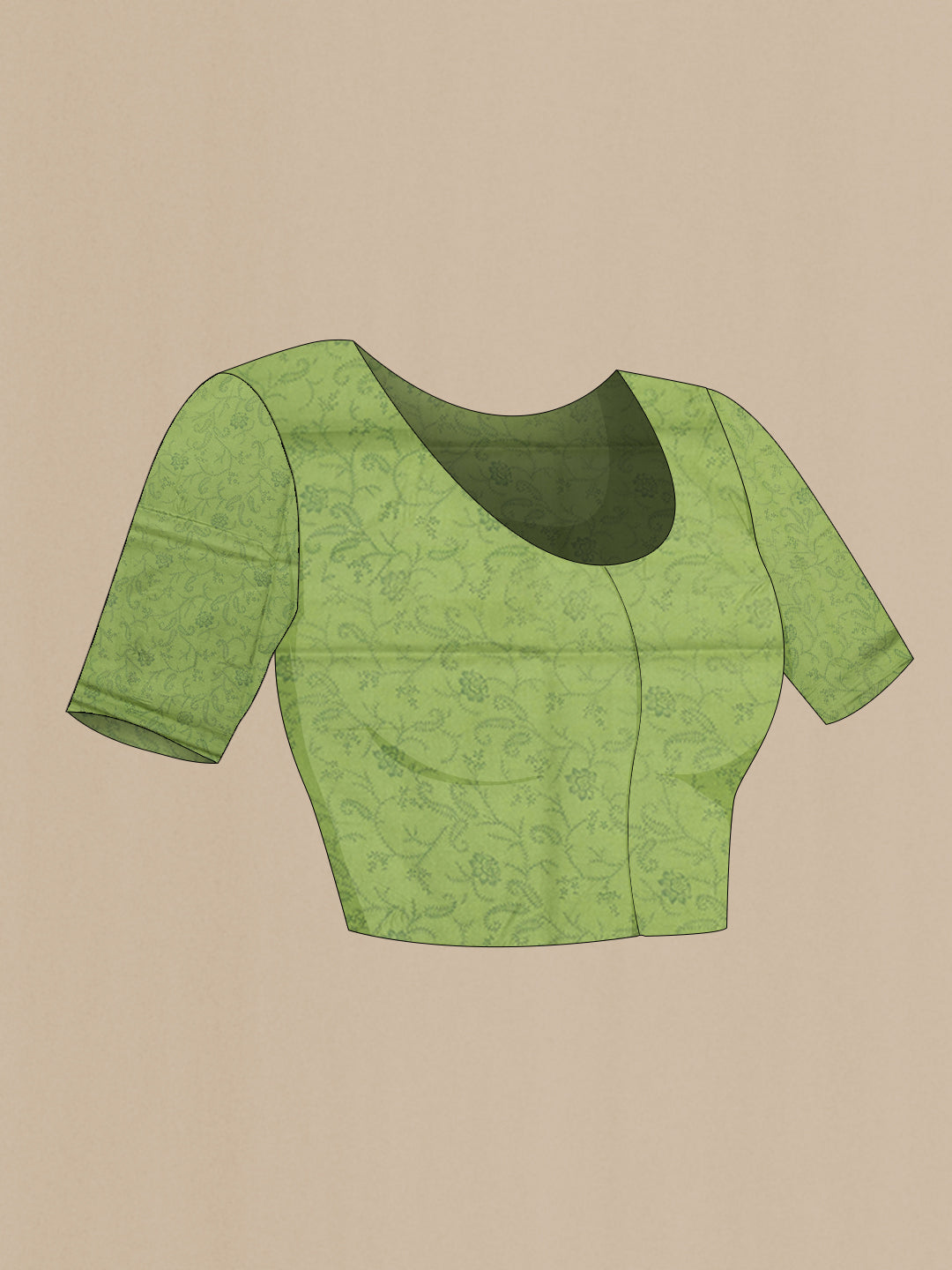 Close up image of the blouse of Green Printed Silk Saree with Printed design on the body and Without Border. 