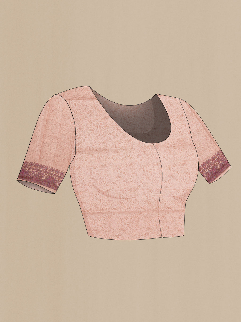 Close up image of the blouse of Golden Peach Printed Silk Saree with Printed design on the body and Printed Border. 