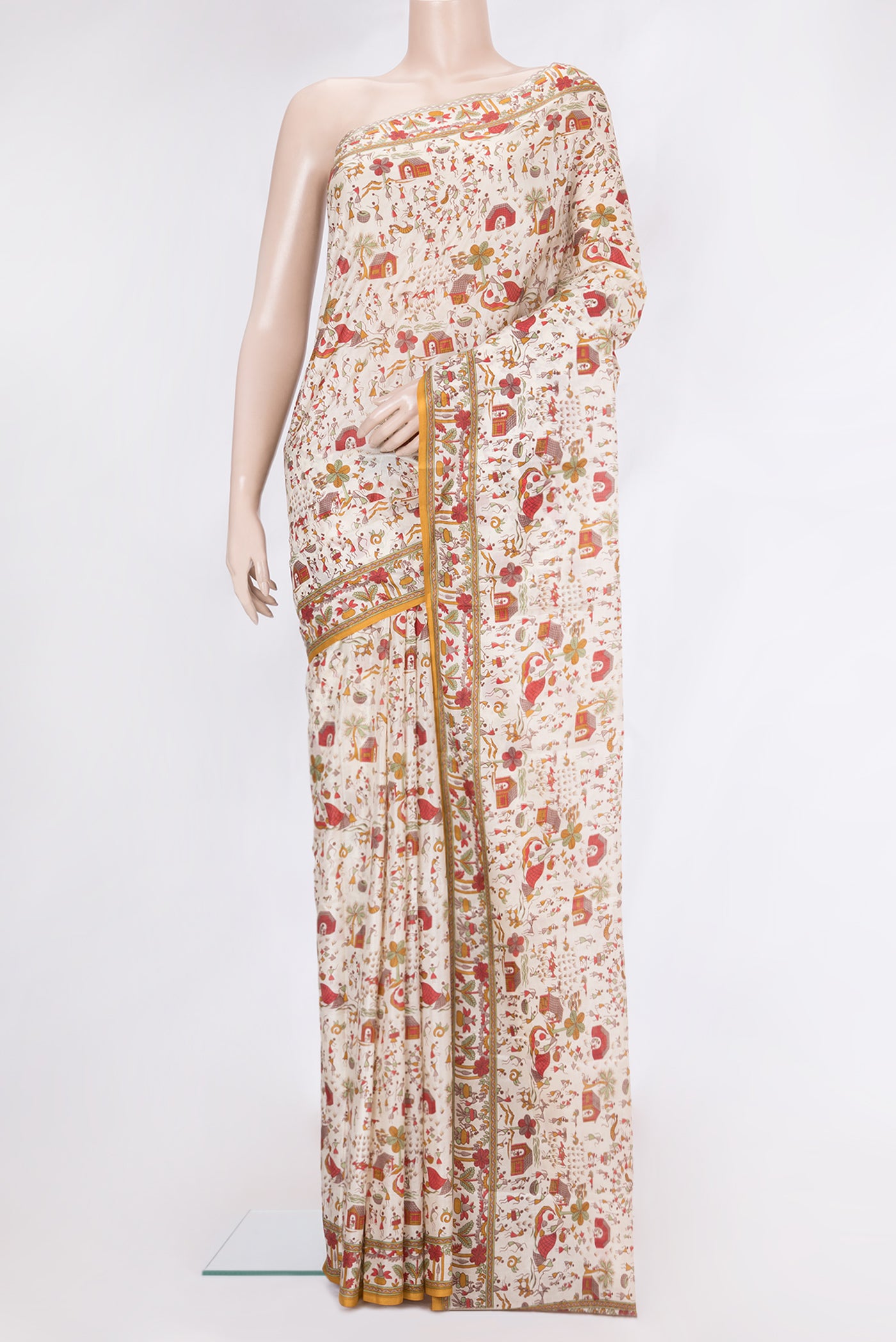 Off White Printed Silk Saree with Printed design on the body and Printed Border.  displayed on a mannequin