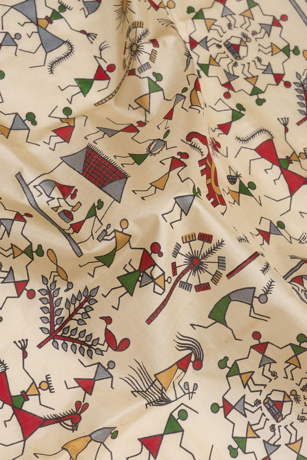 Close up of Beige Dual Tone Printed Silk Saree with Printed design on the body and Printed Border.  displaying folds