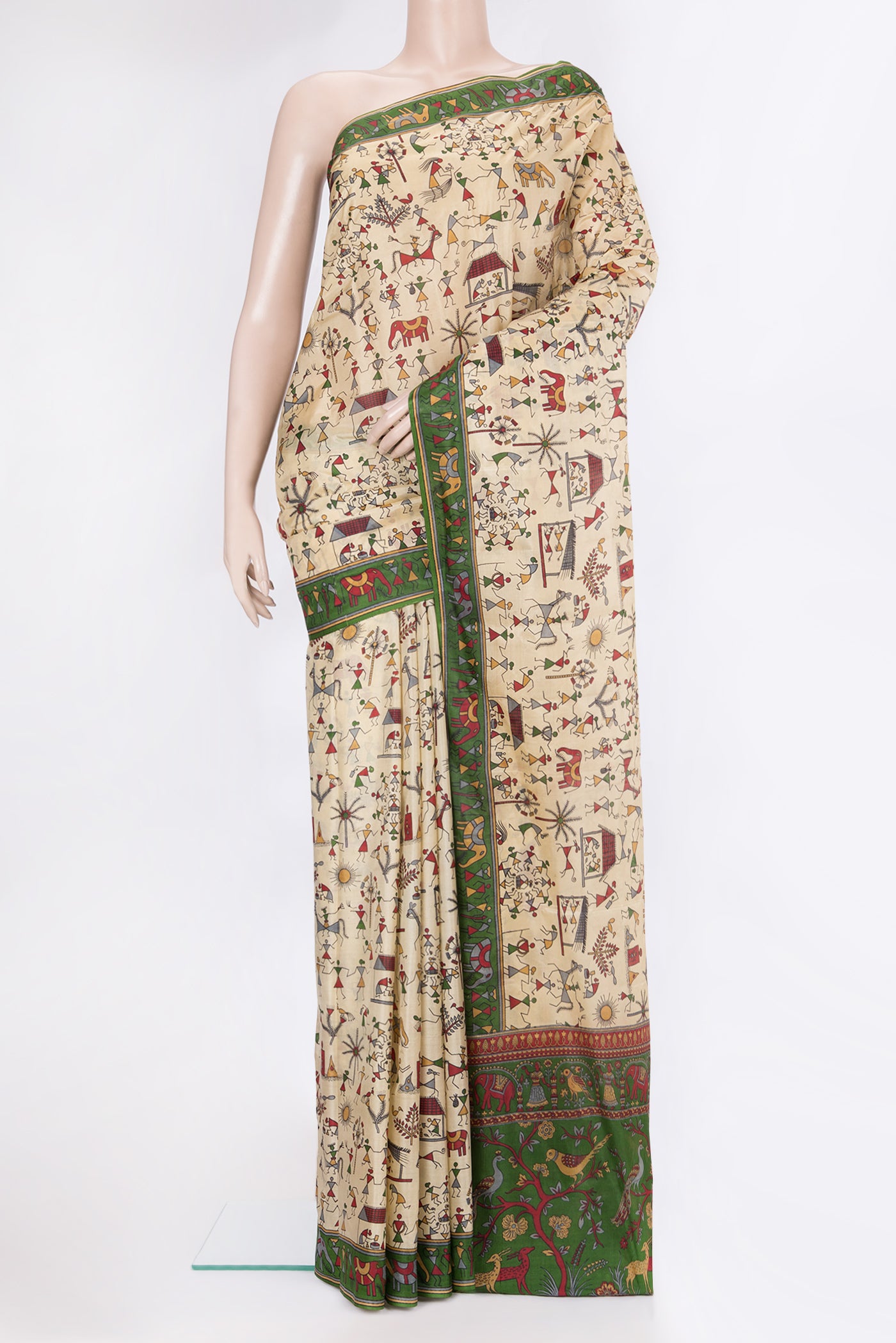 Beige Dual Tone Printed Silk Saree with Printed design on the body and Printed Border.  displayed on a mannequin