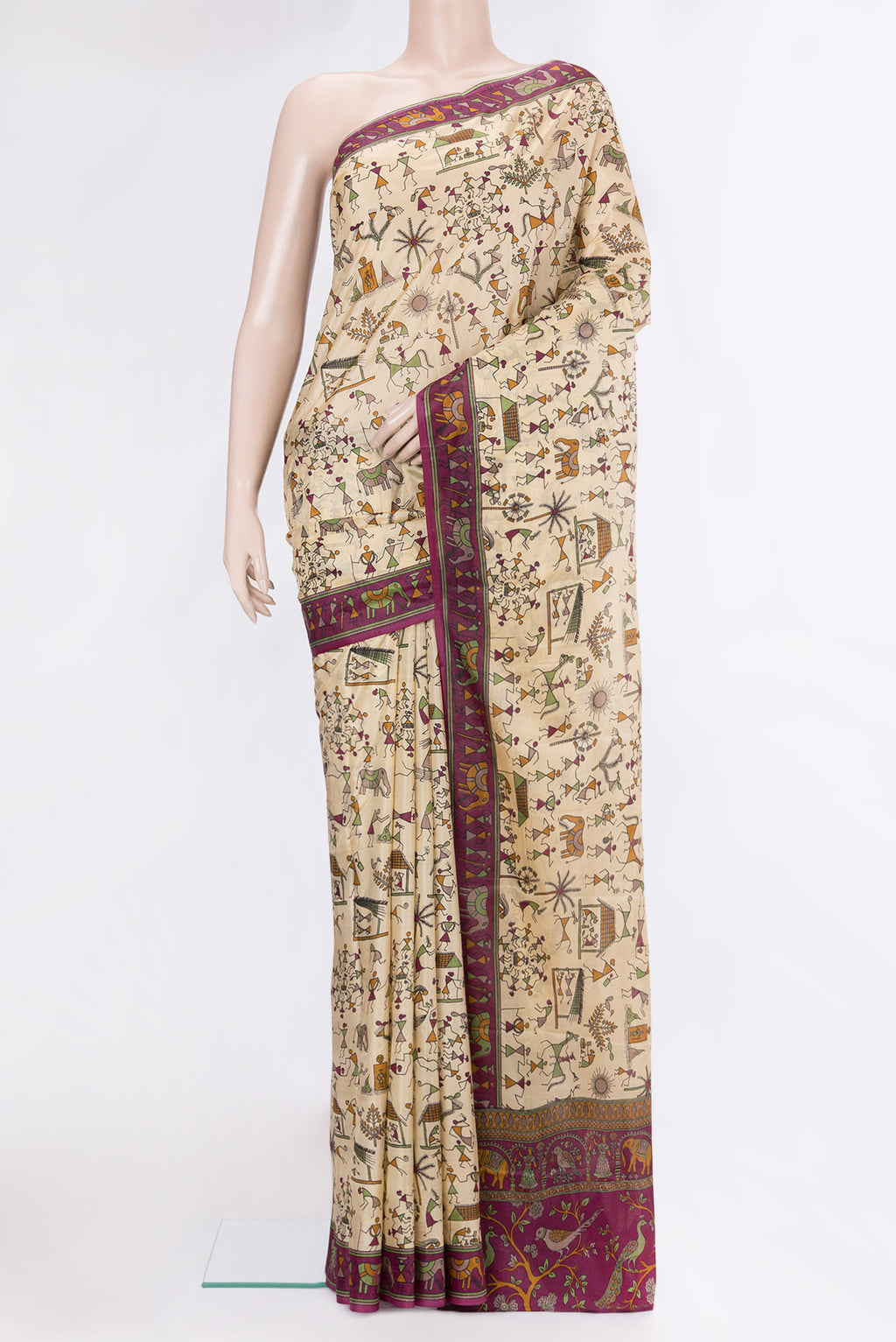 Beige Dual Tone Tussar Silk Saree with Printed design on the body and Printed Border.  displayed on a mannequin