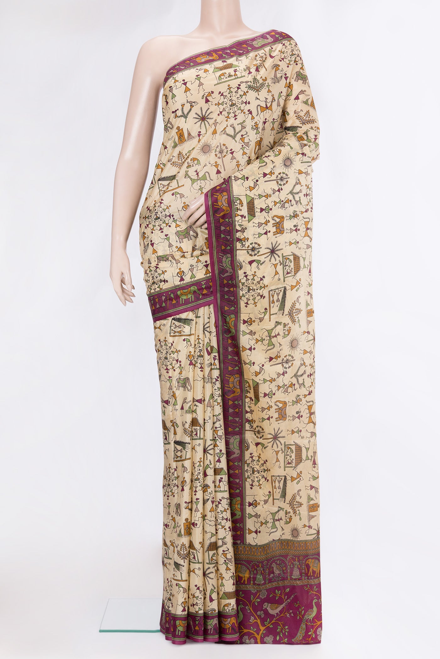 Beige Dual Tone Tussar Silk Saree with Printed design on the body and Printed Border.  displayed on a mannequin