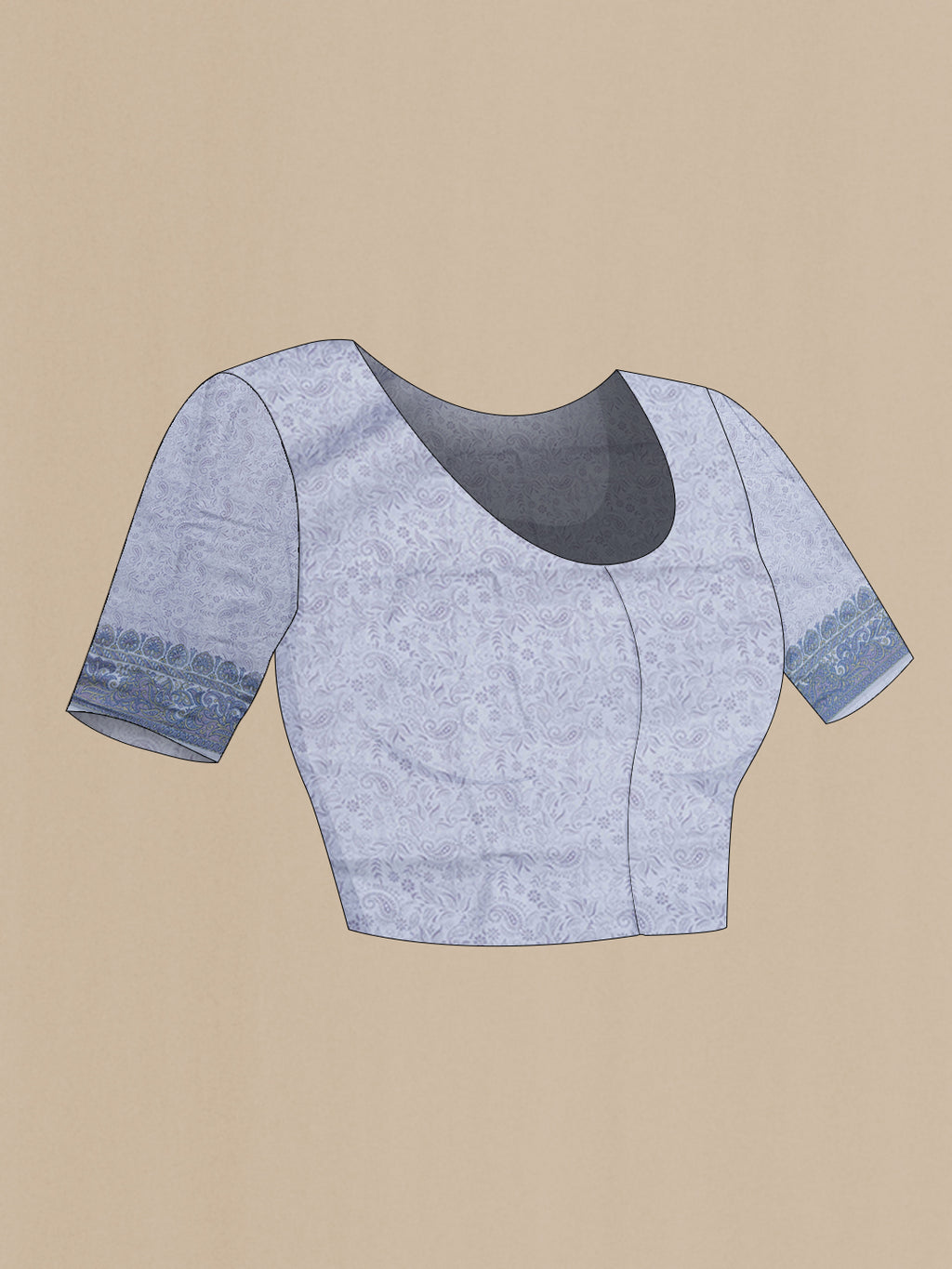 Close up image of the blouse of Grey Dual Tone Tussar Silk Saree with Printed design on the body and Printed Border. 