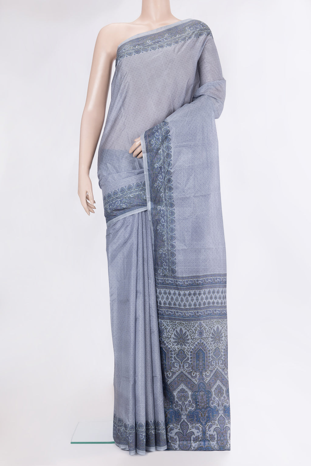 Grey Dual Tone Tussar Silk Saree with Printed design on the body and Printed Border.  displayed on a mannequin