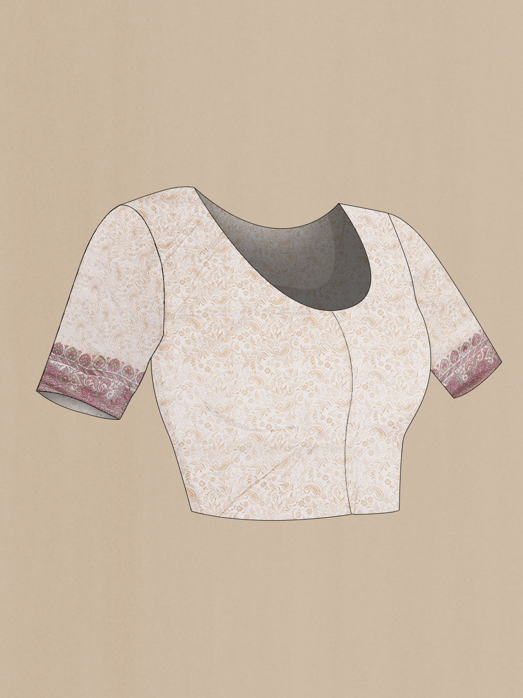 Close up image of the blouse of Beige Printed Silk Saree with Printed design on the body and Printed Border. 