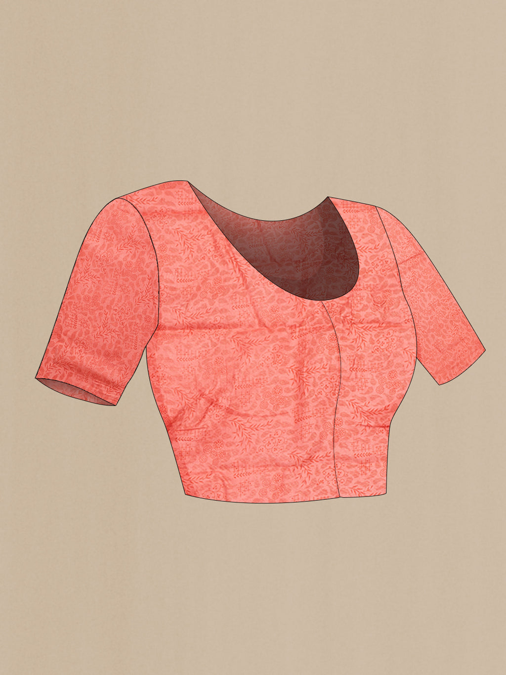 Close up image of the blouse of Coral Printed Silk Saree with Printed design on the body and Without Border. 
