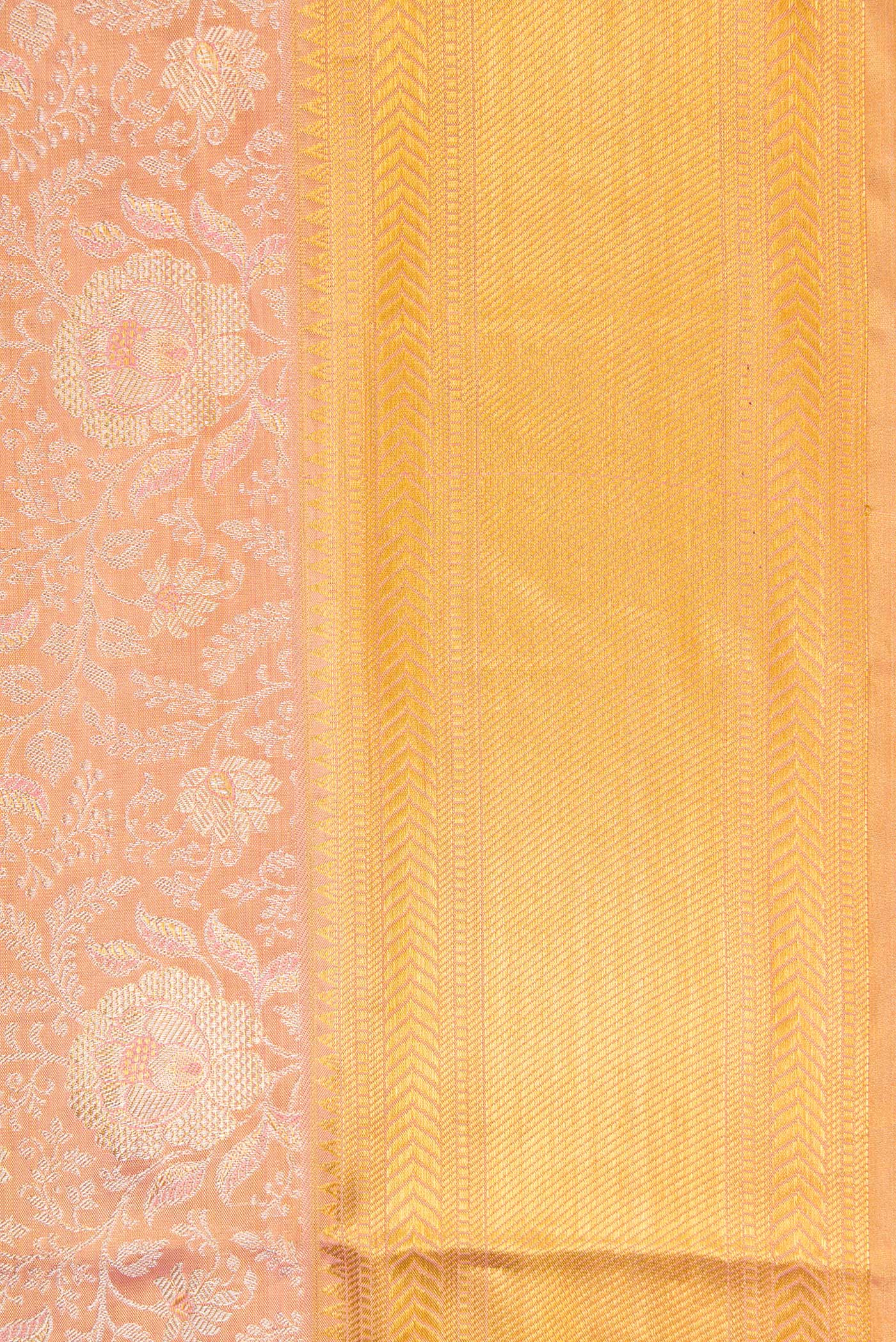 Border image of Rose Gold Dual Tone Kanjivaram Tissue Silk Saree with Zari Brocade on the body and Zari Border. 