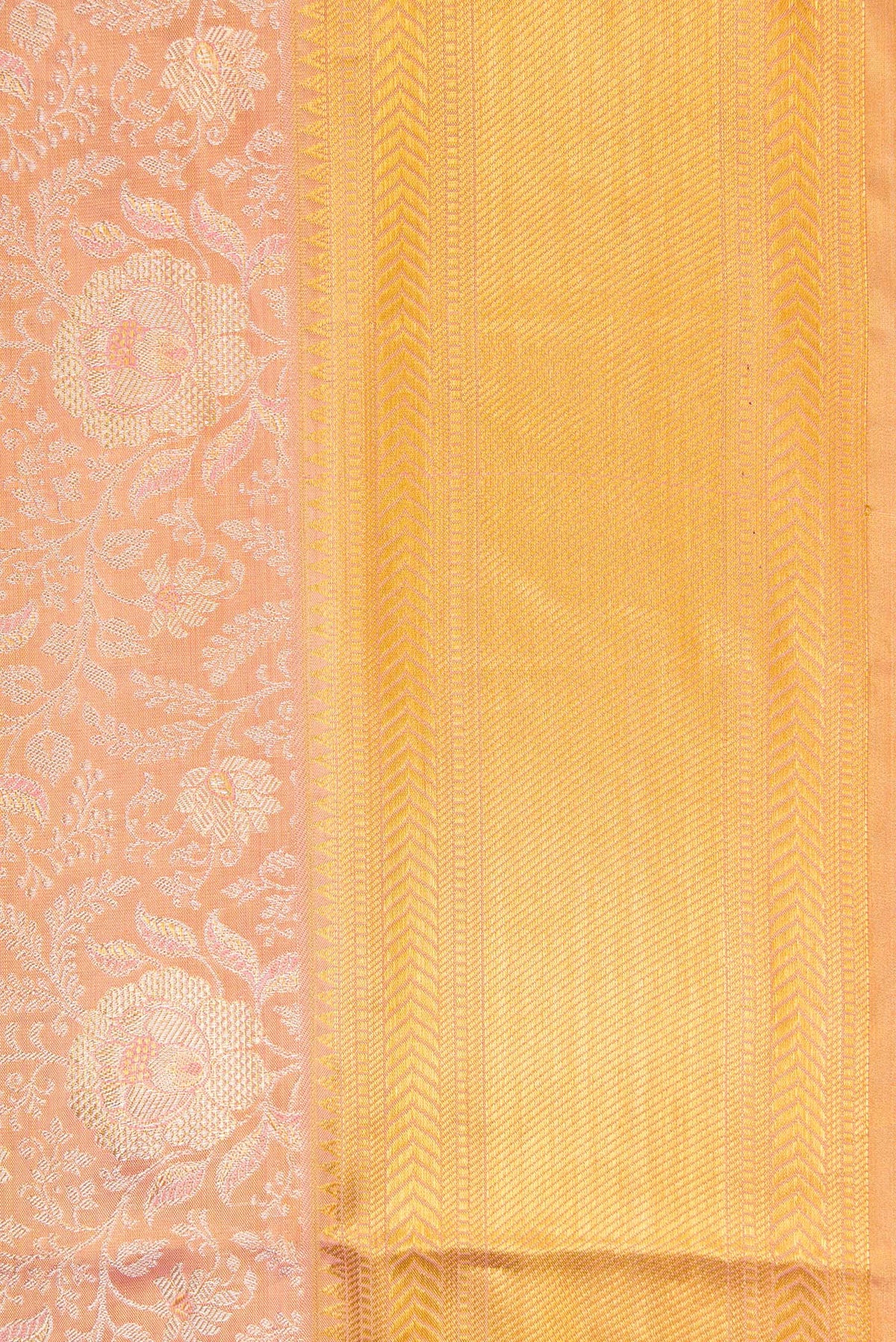 Border image of Rose Gold Dual Tone Kanjivaram Tissue Silk Saree with Zari Brocade on the body and Zari Border. 
