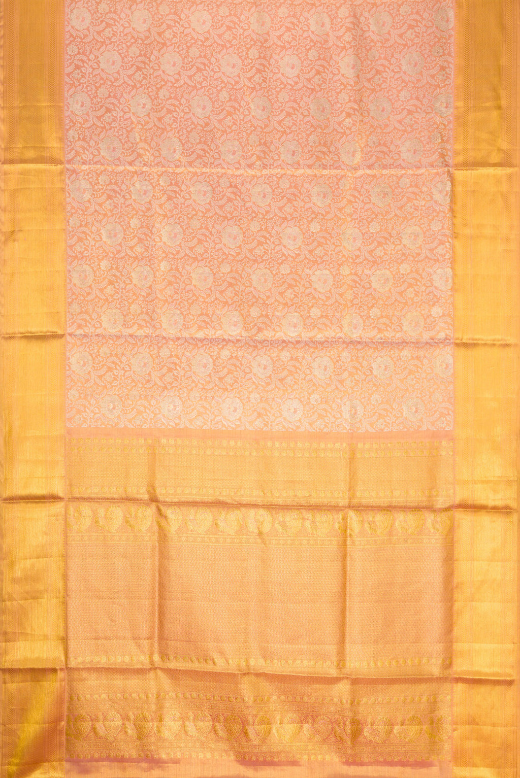 Flat view of Rose Gold Dual Tone Kanjivaram Tissue Silk Saree with Zari Brocade on the body and Zari Border. 