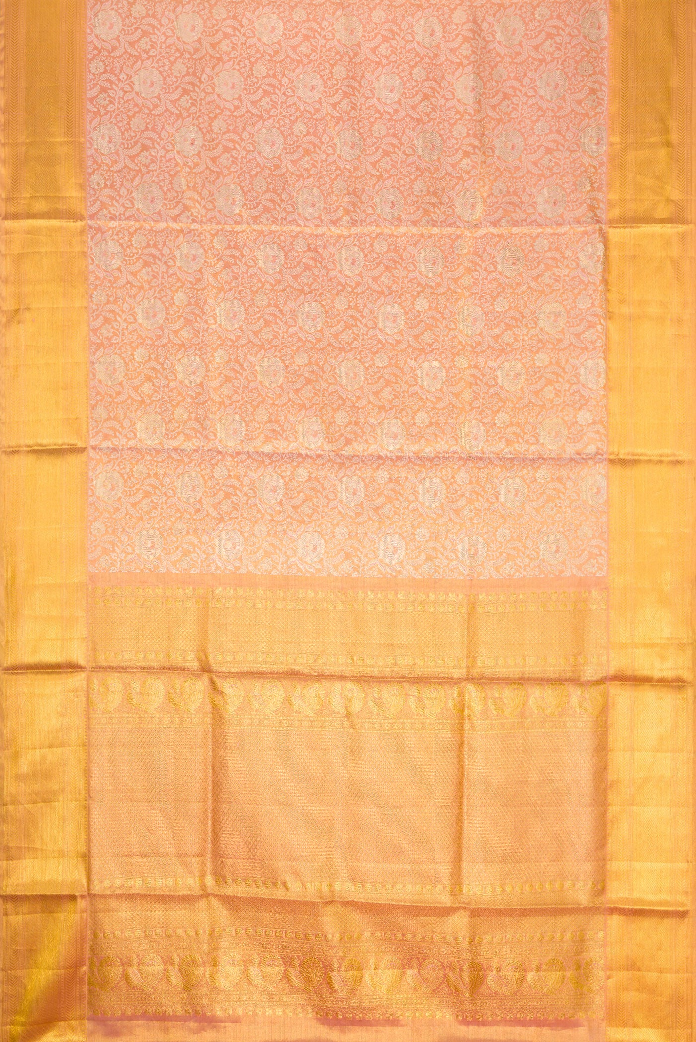 Flat view of Rose Gold Dual Tone Kanjivaram Tissue Silk Saree with Zari Brocade on the body and Zari Border. 