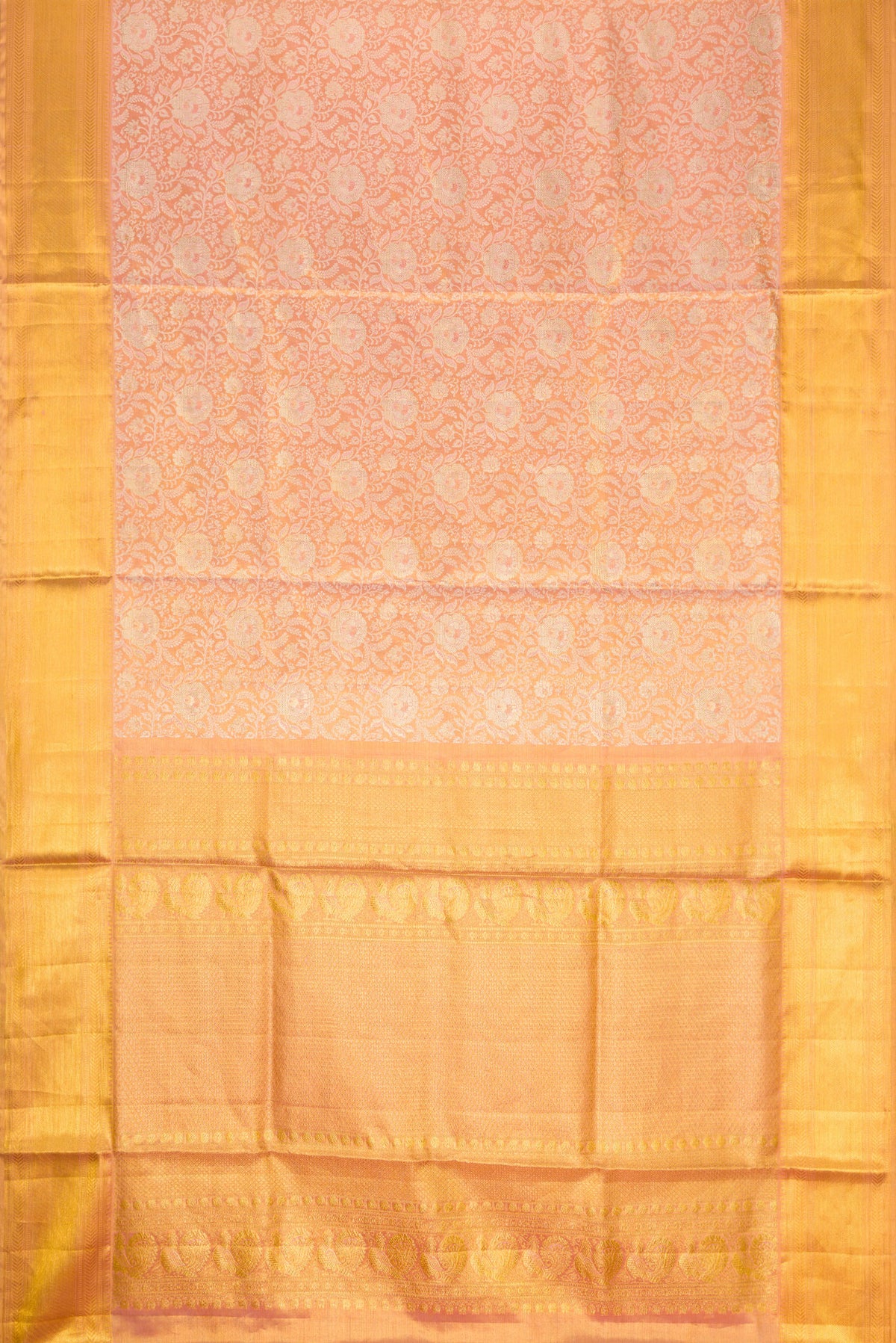 Flat view of Rose Gold Dual Tone Kanjivaram Tissue Silk Saree with Zari Brocade on the body and Zari Border. 