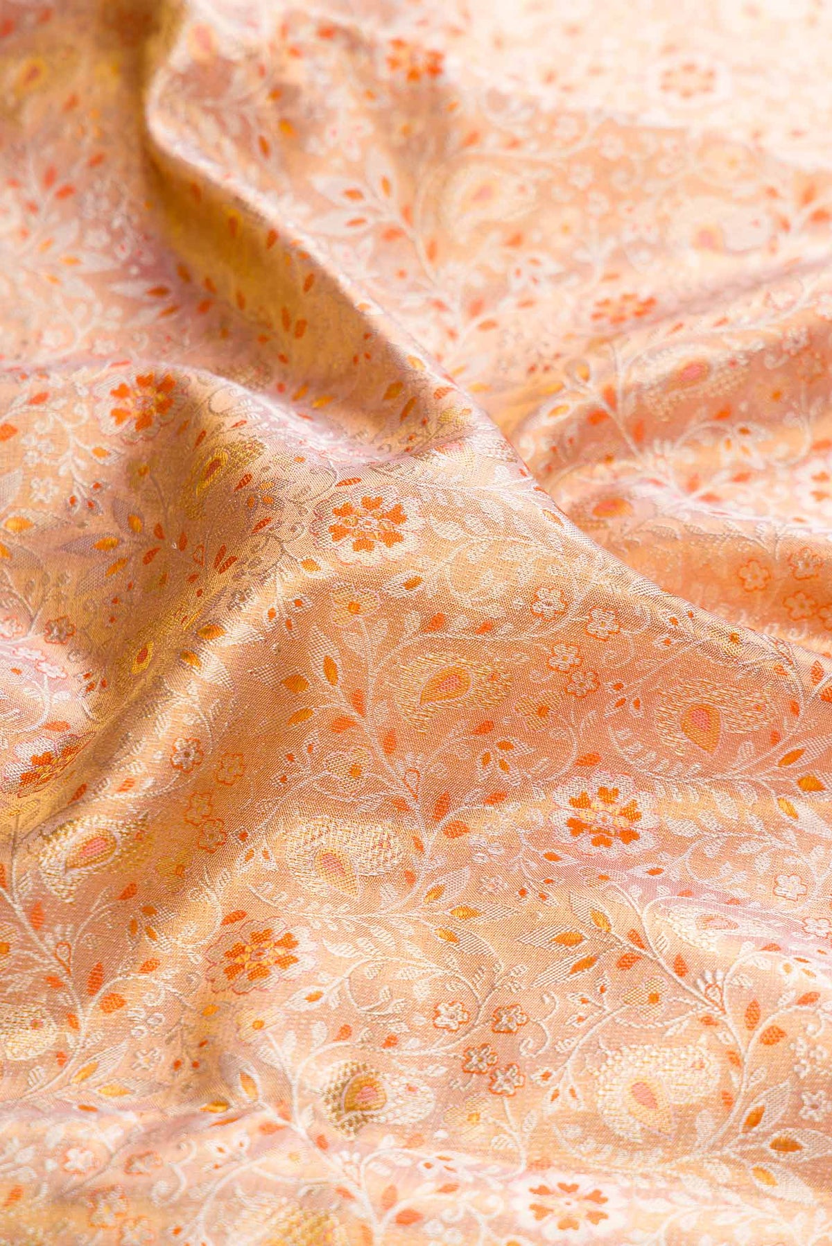 Close up of Gold Dual Tone Kanchipuram Silk Saree with Zari Brocade on the body and Zari Border displaying folds