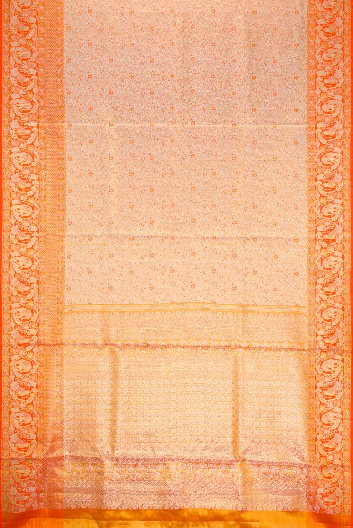 Flat view of Gold Dual Tone Kanchipuram Silk Saree with Zari Brocade on the body and Zari Border