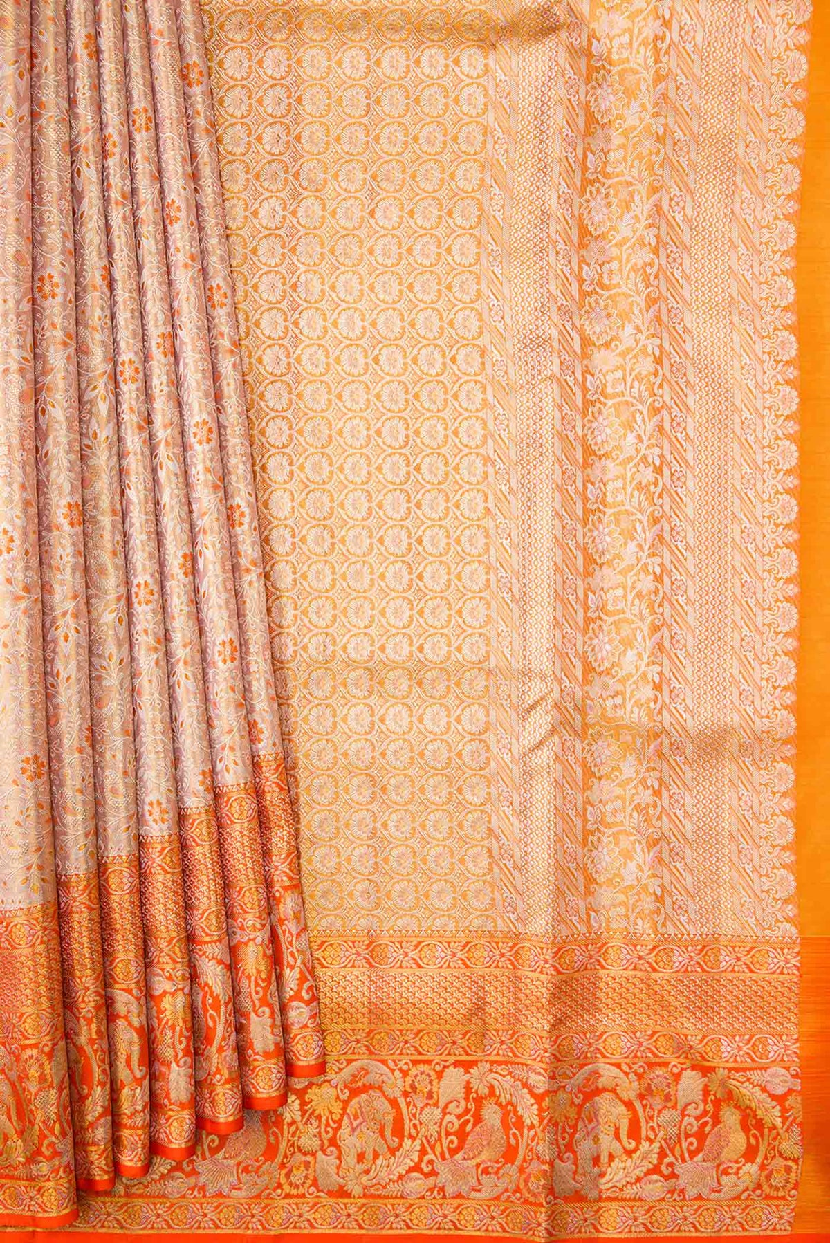 Pleats and pallu of Gold Dual Tone Kanchipuram Silk Saree with Zari Brocade on the body and Zari Border