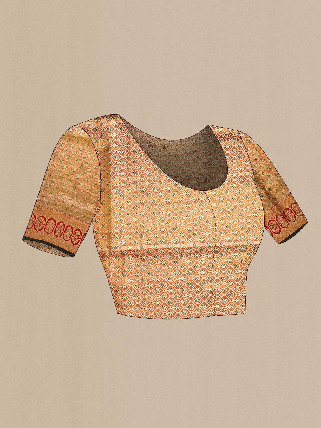 Close up image of the blouse of Mustard Dual Tone Kanchipuram Tissue Silk Saree with Zari Brocade on the body and Zari Border