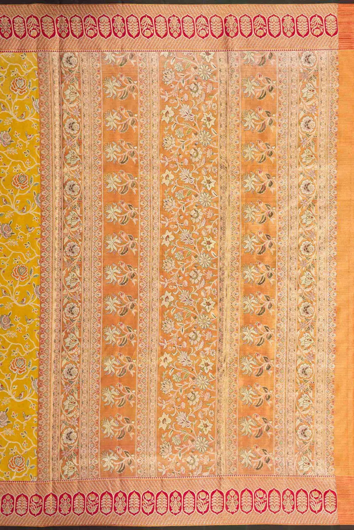 Close up image of the pallu of Mustard Dual Tone Kanchipuram Tissue Silk Saree with Zari Brocade on the body and Zari Border