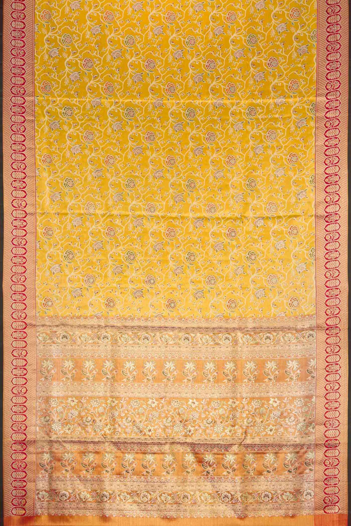 Flat view of Mustard Dual Tone Kanchipuram Tissue Silk Saree with Zari Brocade on the body and Zari Border