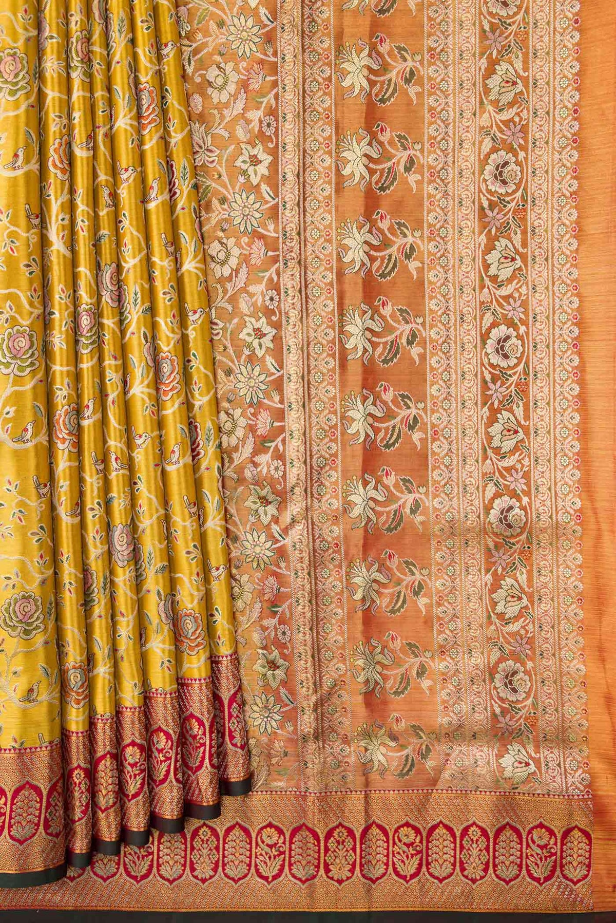 Pleats and pallu of Mustard Dual Tone Kanchipuram Tissue Silk Saree with Zari Brocade on the body and Zari Border