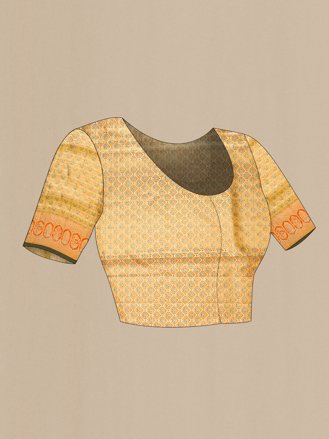 Close up image of the blouse of Gold Dual Tone Kanchipuram Tissue Silk Saree with Zari Brocade on the body and Zari Border. 
