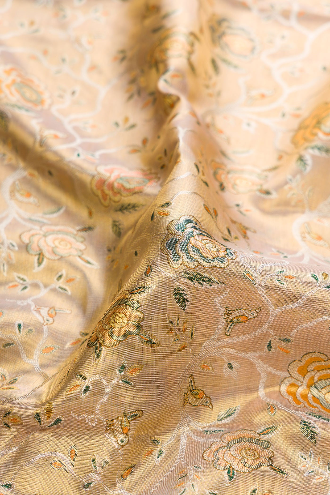 Close up of Gold Dual Tone Kanchipuram Tissue Silk Saree with Zari Brocade on the body and Zari Border.  displaying folds