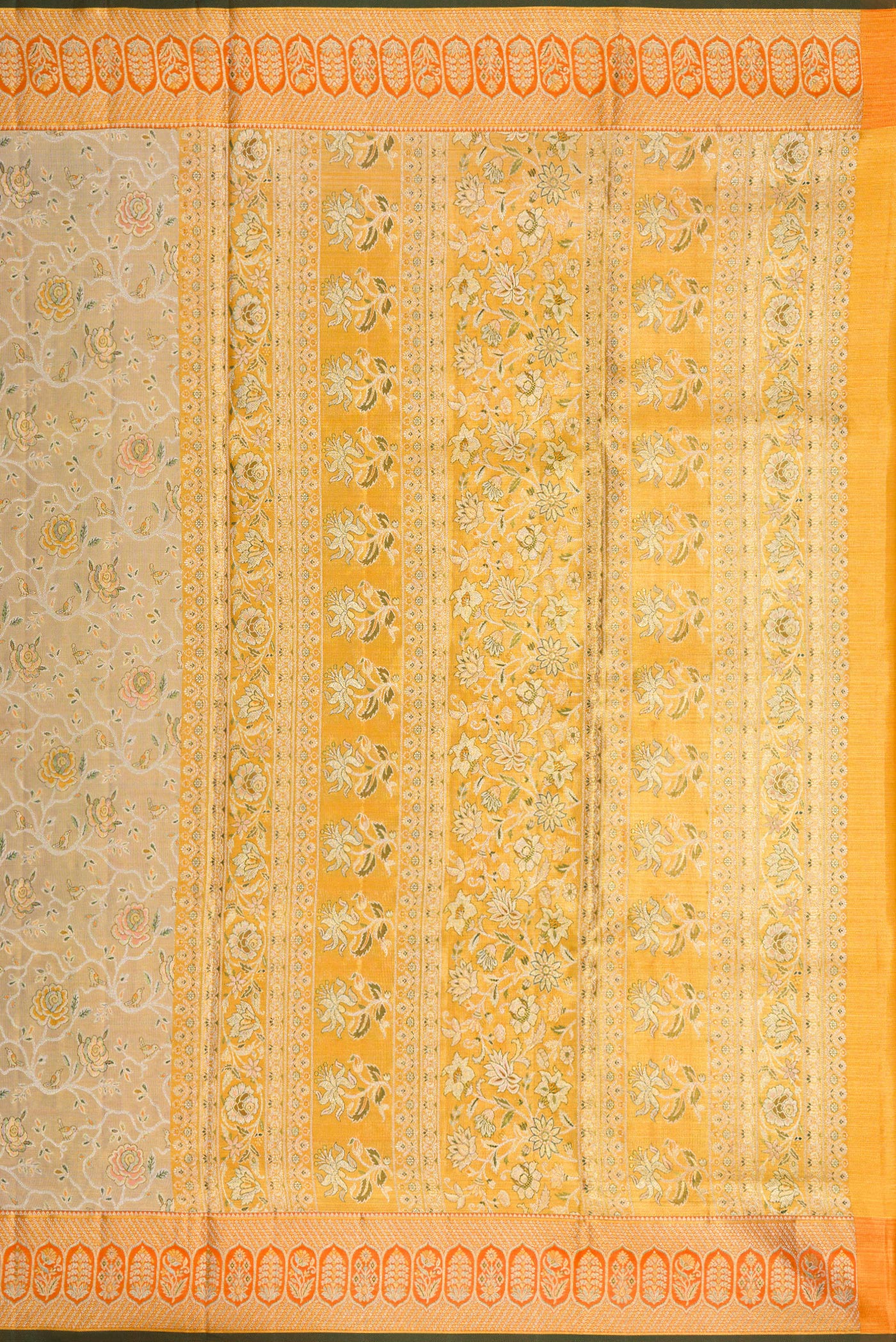 Close up image of the pallu of Gold Dual Tone Kanchipuram Tissue Silk Saree with Zari Brocade on the body and Zari Border. 