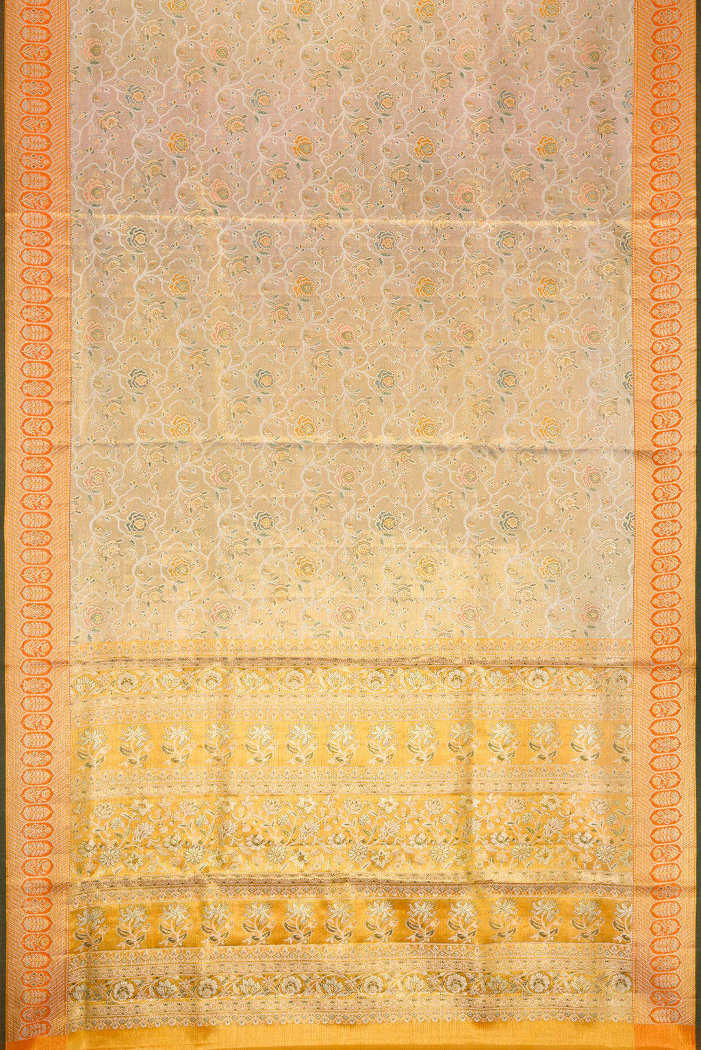 Flat view of Gold Dual Tone Kanchipuram Tissue Silk Saree with Zari Brocade on the body and Zari Border. 