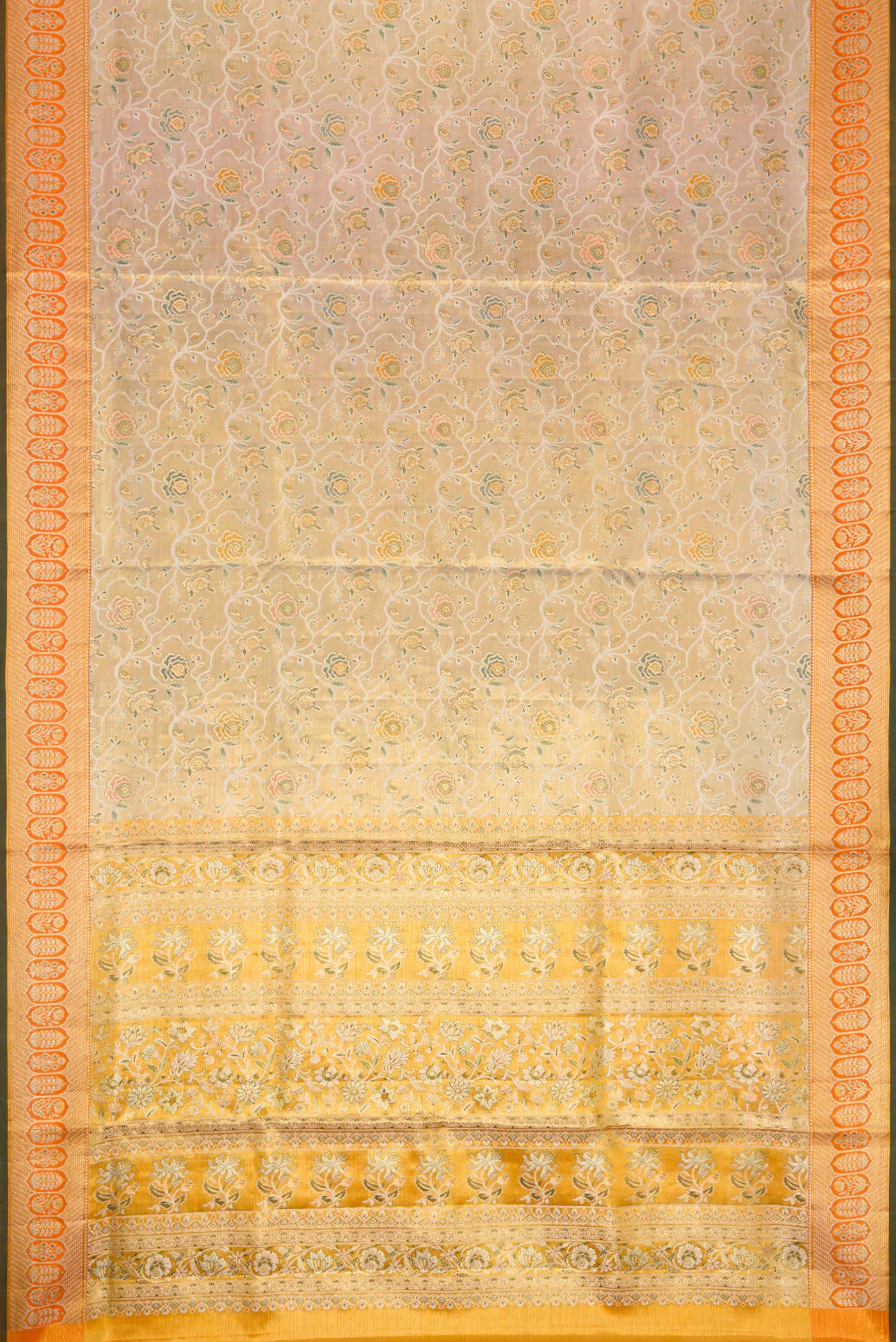 Flat view of Gold Dual Tone Kanchipuram Tissue Silk Saree with Zari Brocade on the body and Zari Border. 